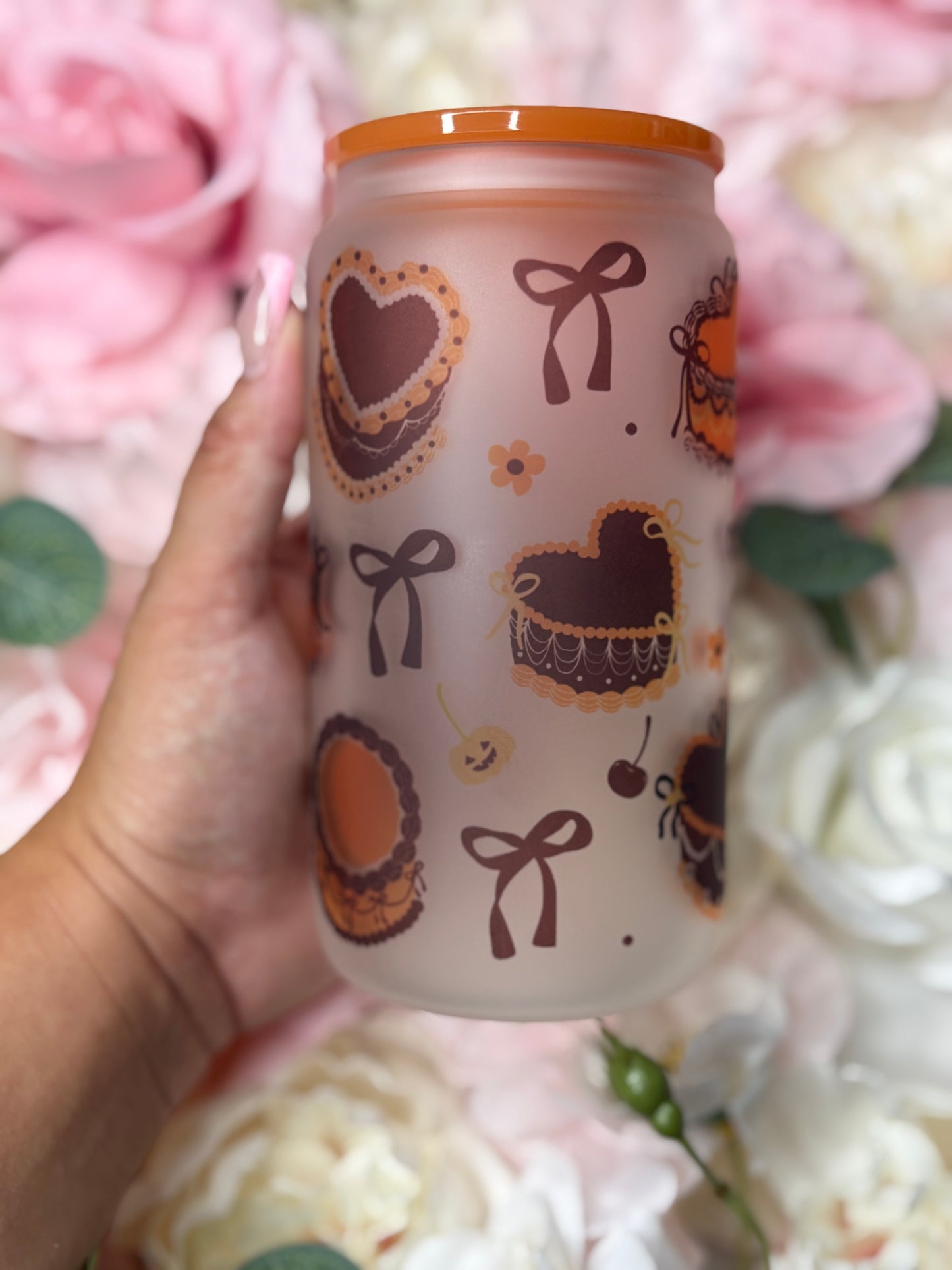 16 oz Frosted Glass | Orange and Black | Halloween Coquette Themed