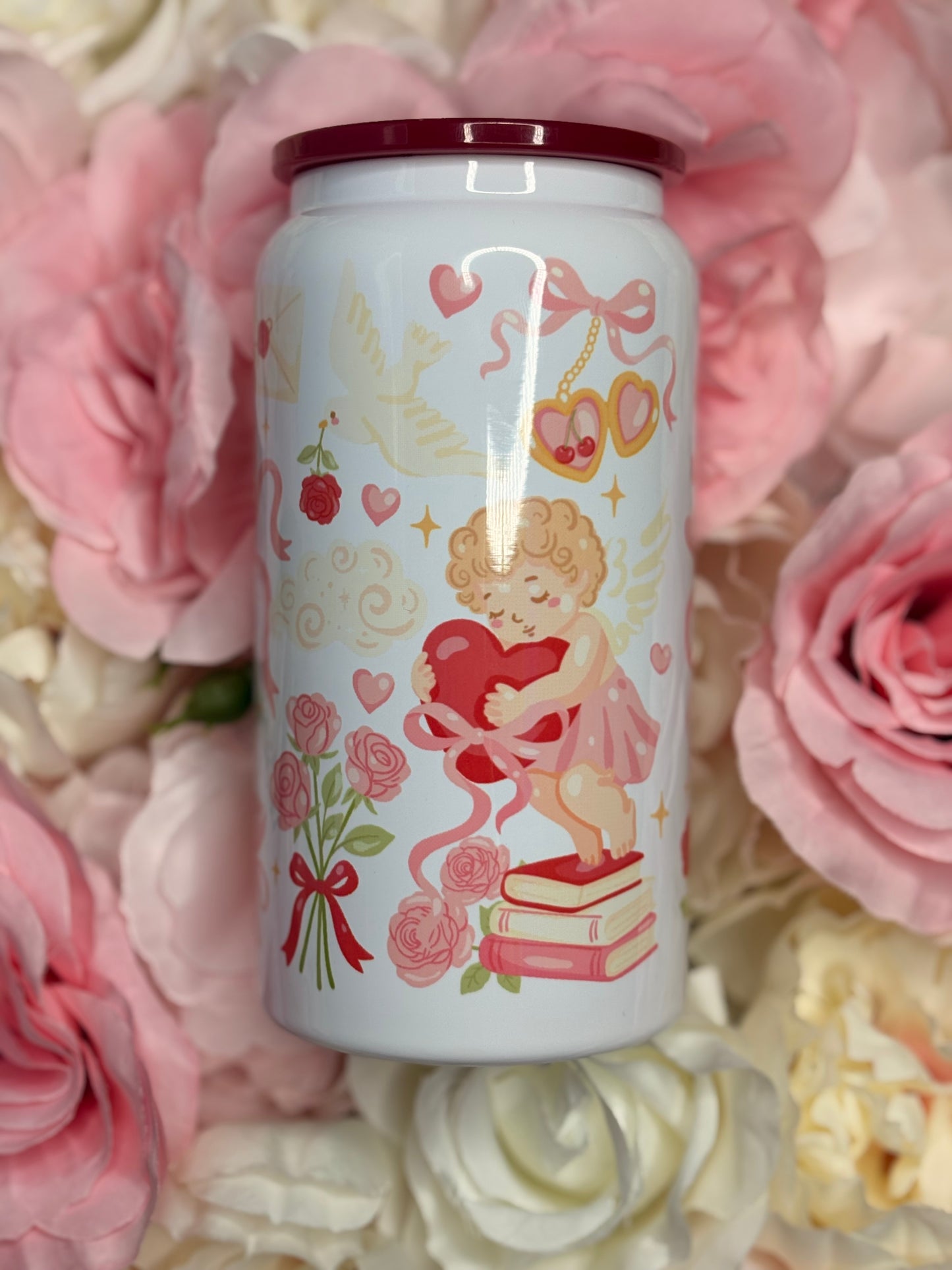 16 oz Stainless Steel Can | Cute Cupid W/ Bows | Red | Pink