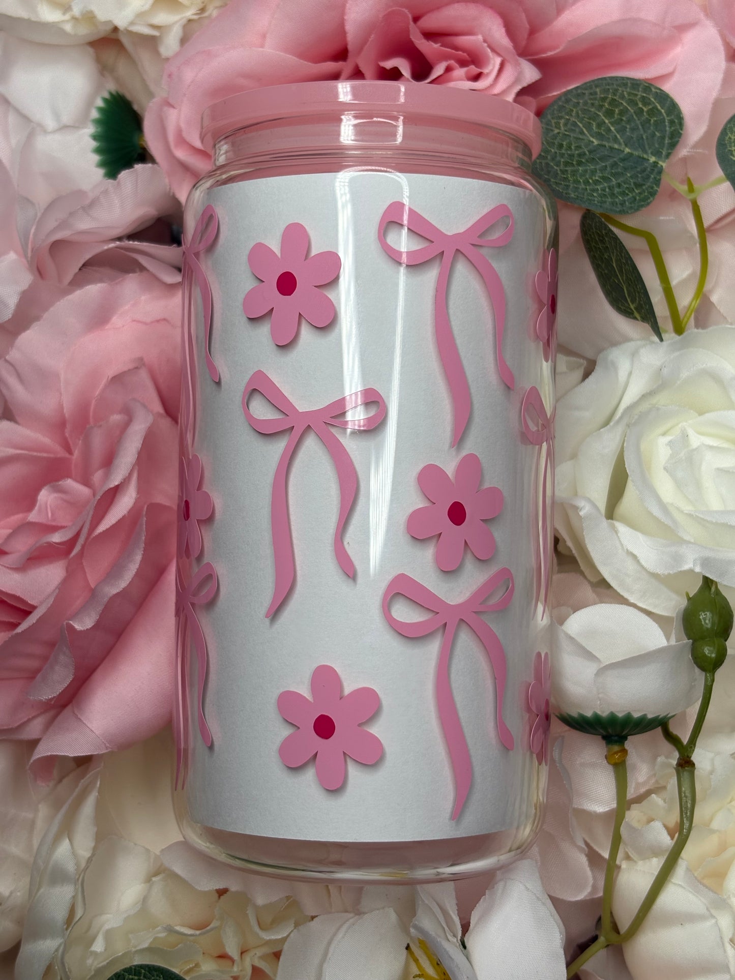 16 oz Glass Can | Pink | Bow with Flowers | Vinyl Design