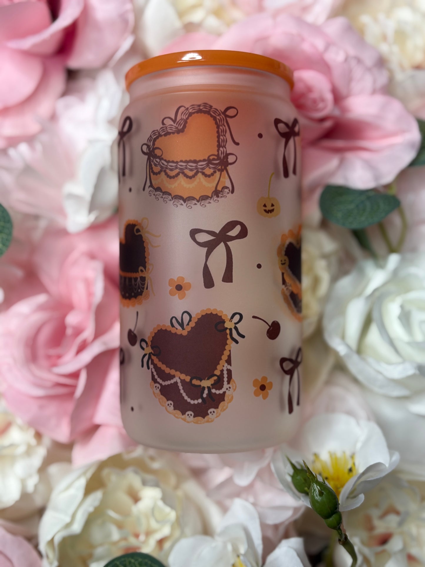 16 oz Frosted Glass | Orange and Black | Halloween Coquette Themed