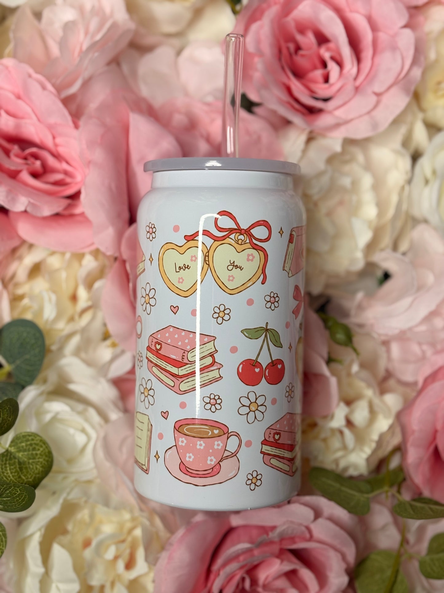 16 oz Stainless Steel Can | Bookish Girly | Cherry | Roses