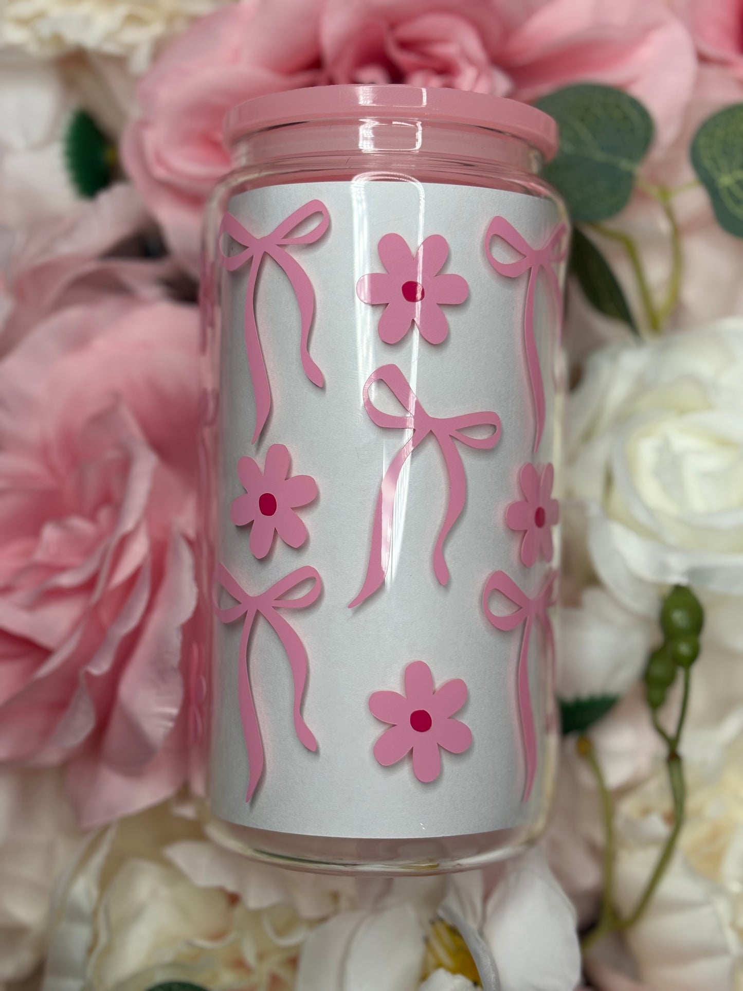 16 oz Glass Can | Pink | Bow with Flowers | Vinyl Design