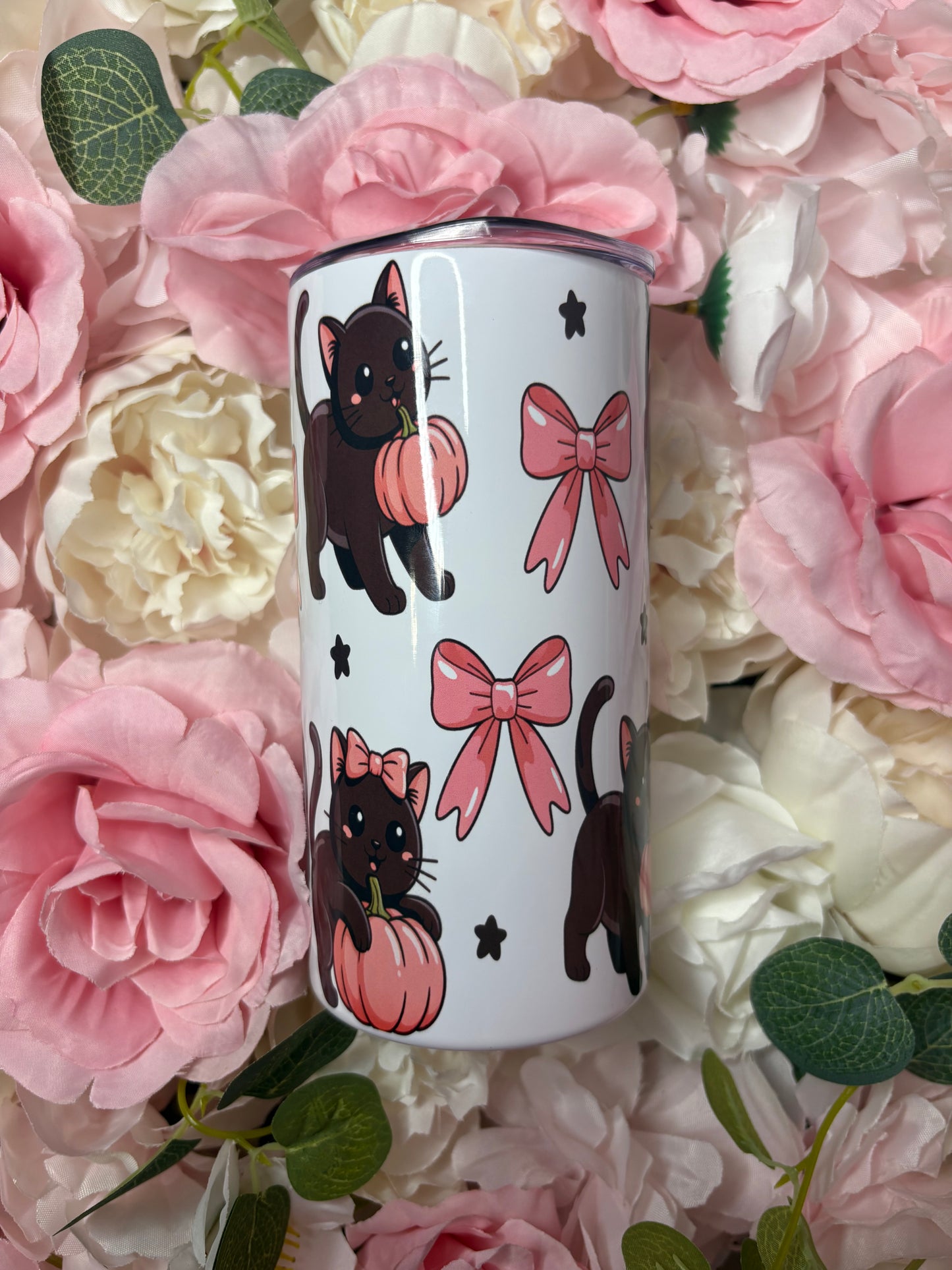 12 oz Mini Skinny Tumbler | Cocquette Black Cat And Pink Pumpkins