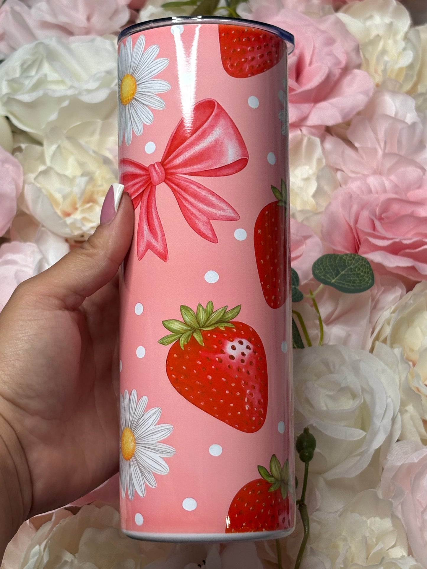 20 oz Skinny Tumbler | Pink, White, Red | Strawberry, Bow and Daisy