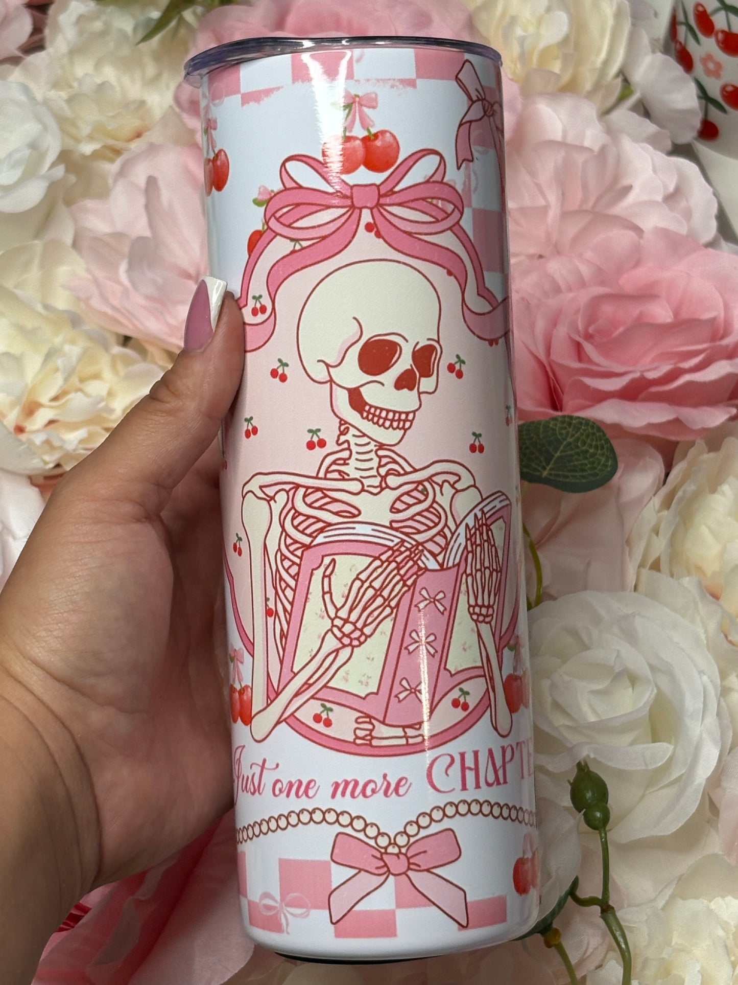 20 oz Skinny Tumbler | Pink and White | Coquette Skelton | Bookish