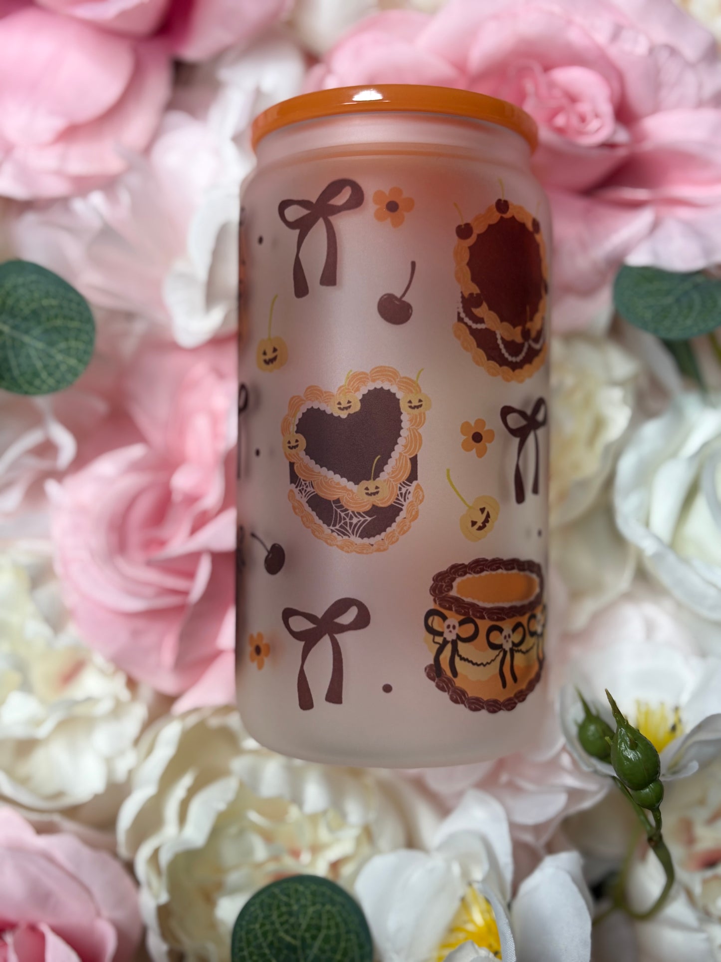 16 oz Frosted Glass | Orange and Black | Halloween Coquette Themed