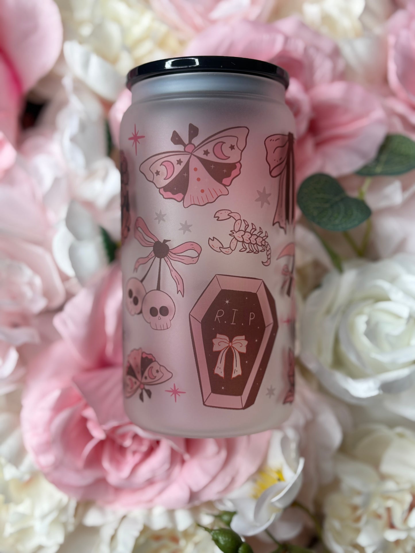 16 oz Frosted Glass Can | Pink and Black Aesthetic Vintage Halloween