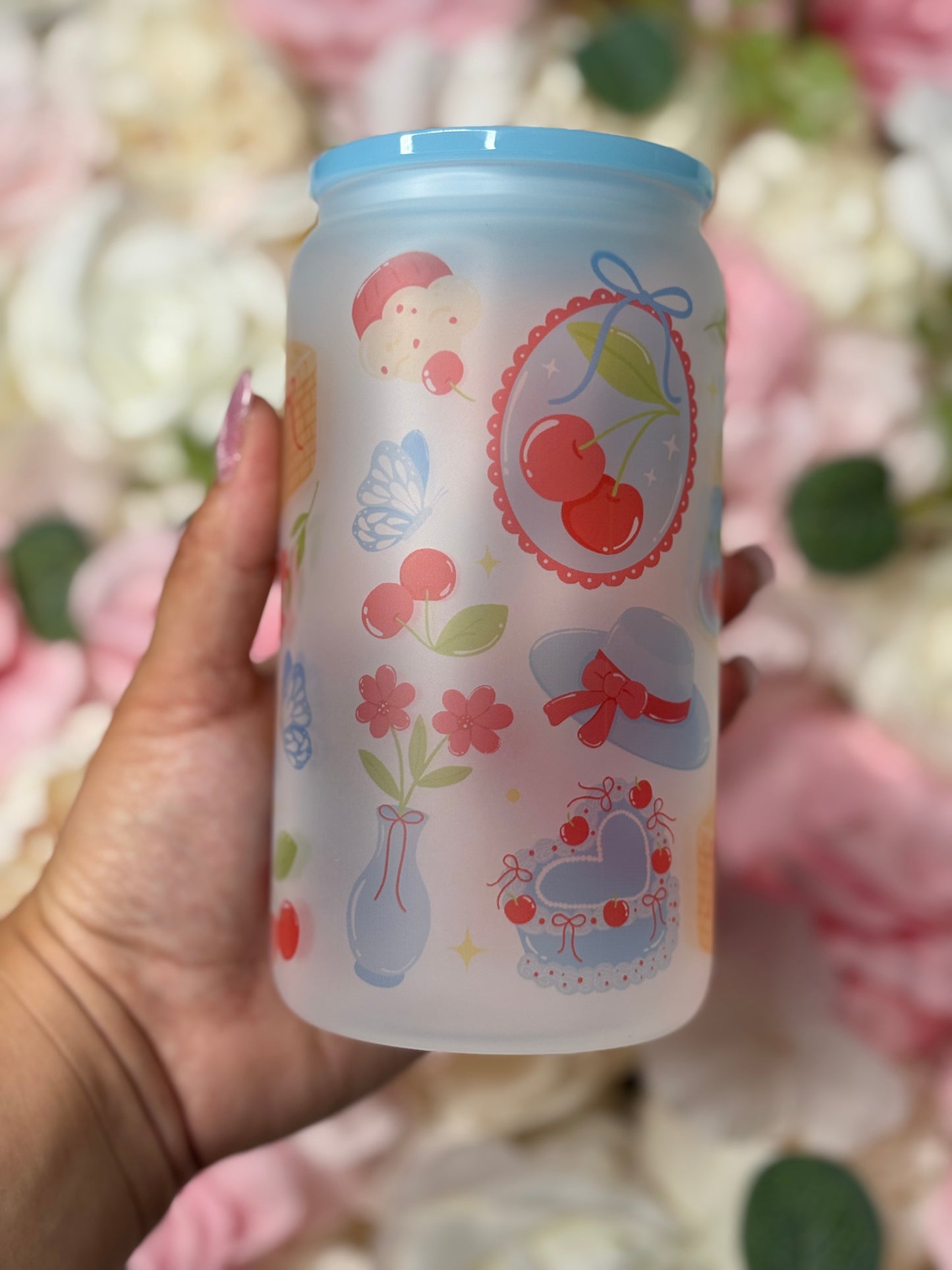 16 oz Frosted Glass Can | Coquette Themed with Cherry’s