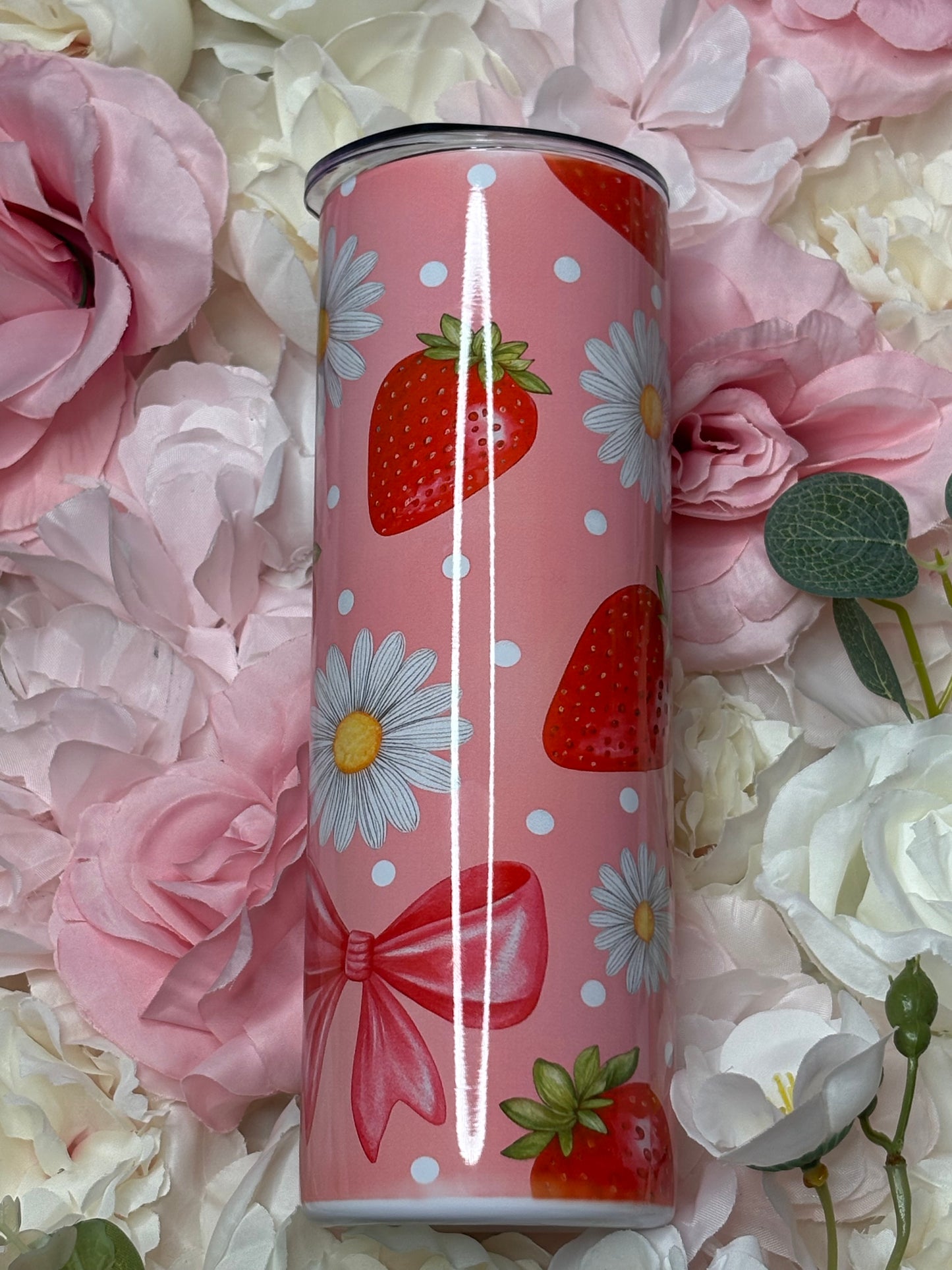20 oz Skinny Tumbler | Pink, White, Red | Strawberry, Bow and Daisy