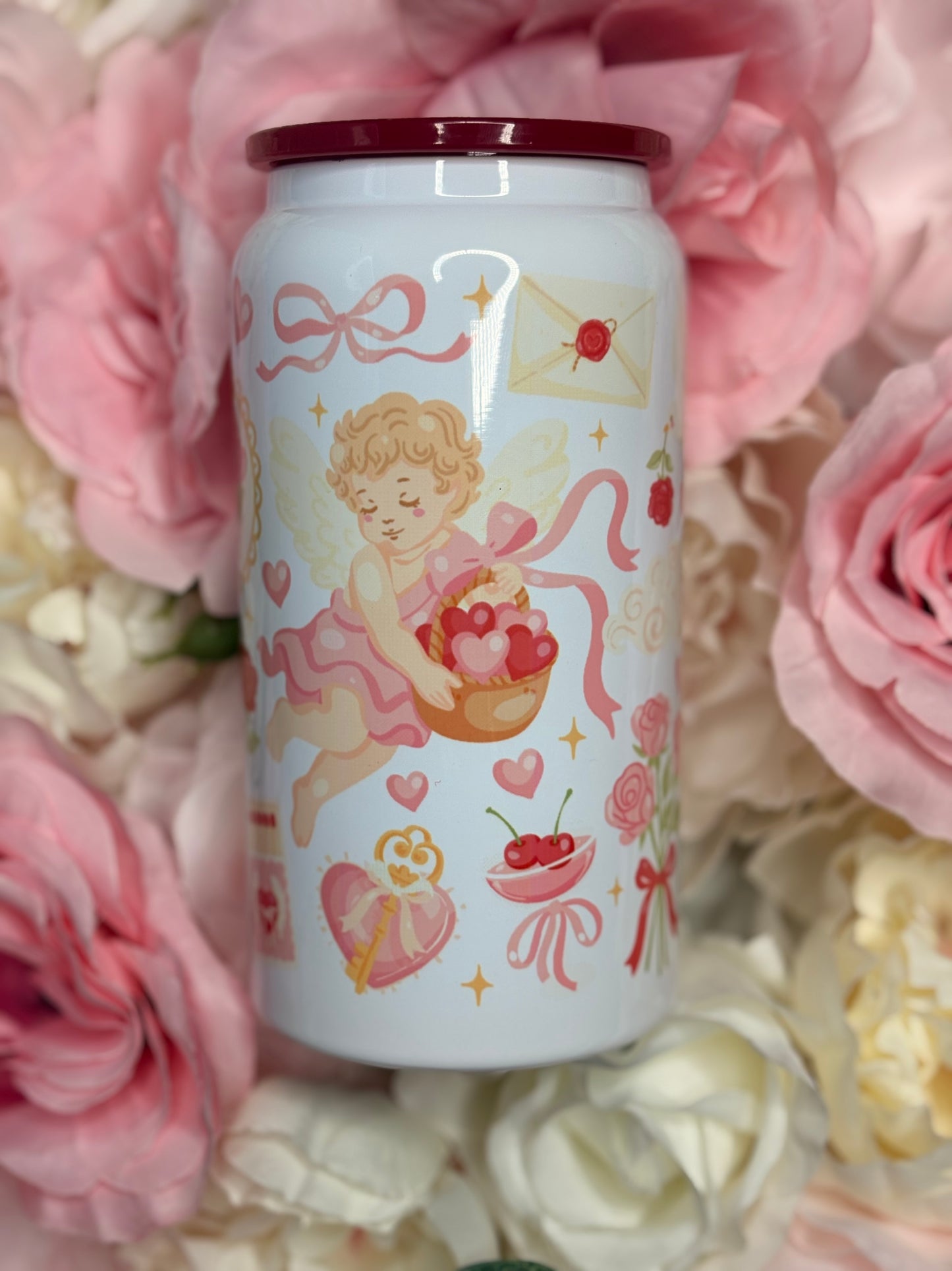 16 oz Stainless Steel Can | Cute Cupid W/ Bows | Red | Pink