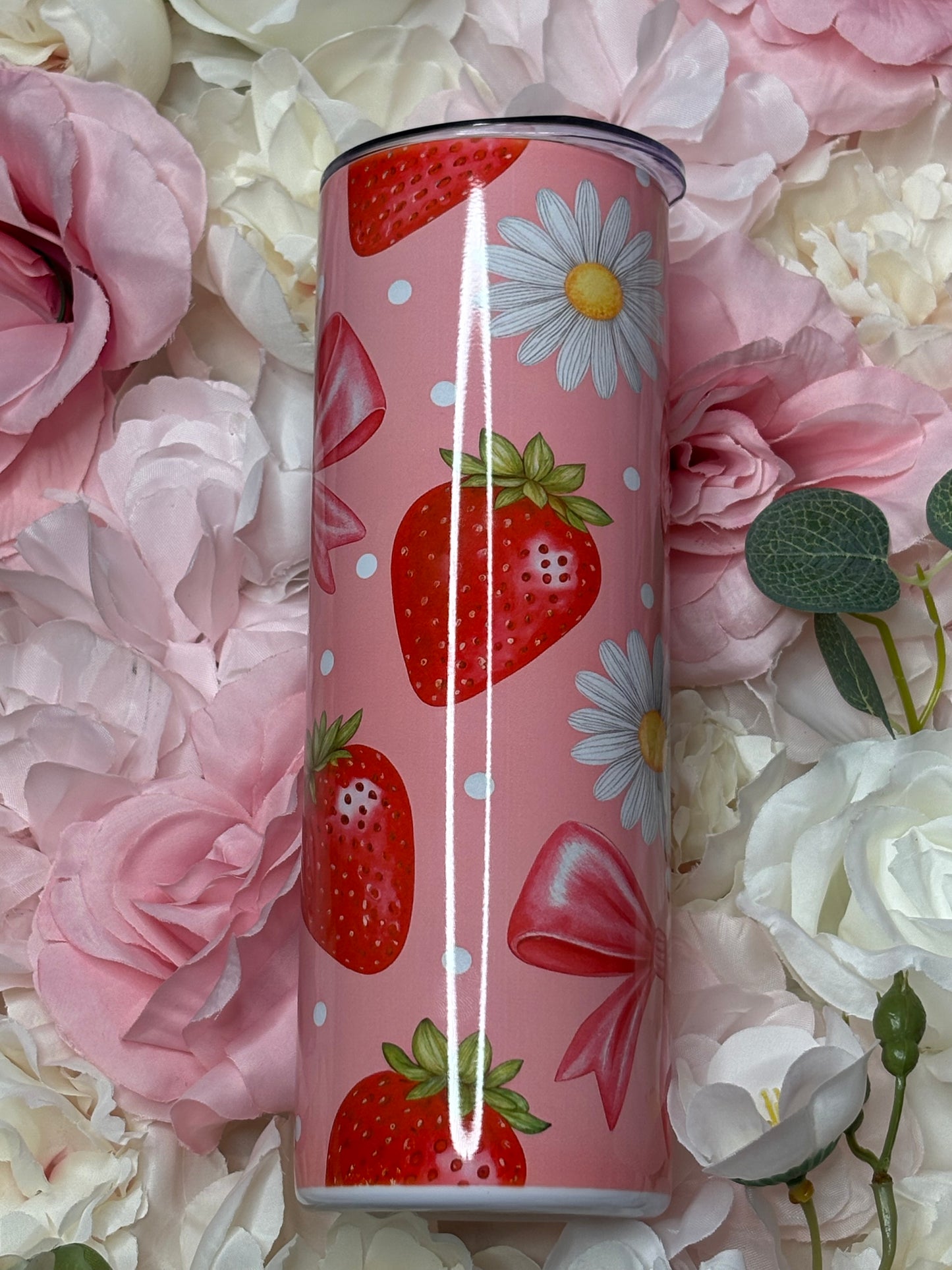20 oz Skinny Tumbler | Pink, White, Red | Strawberry, Bow and Daisy