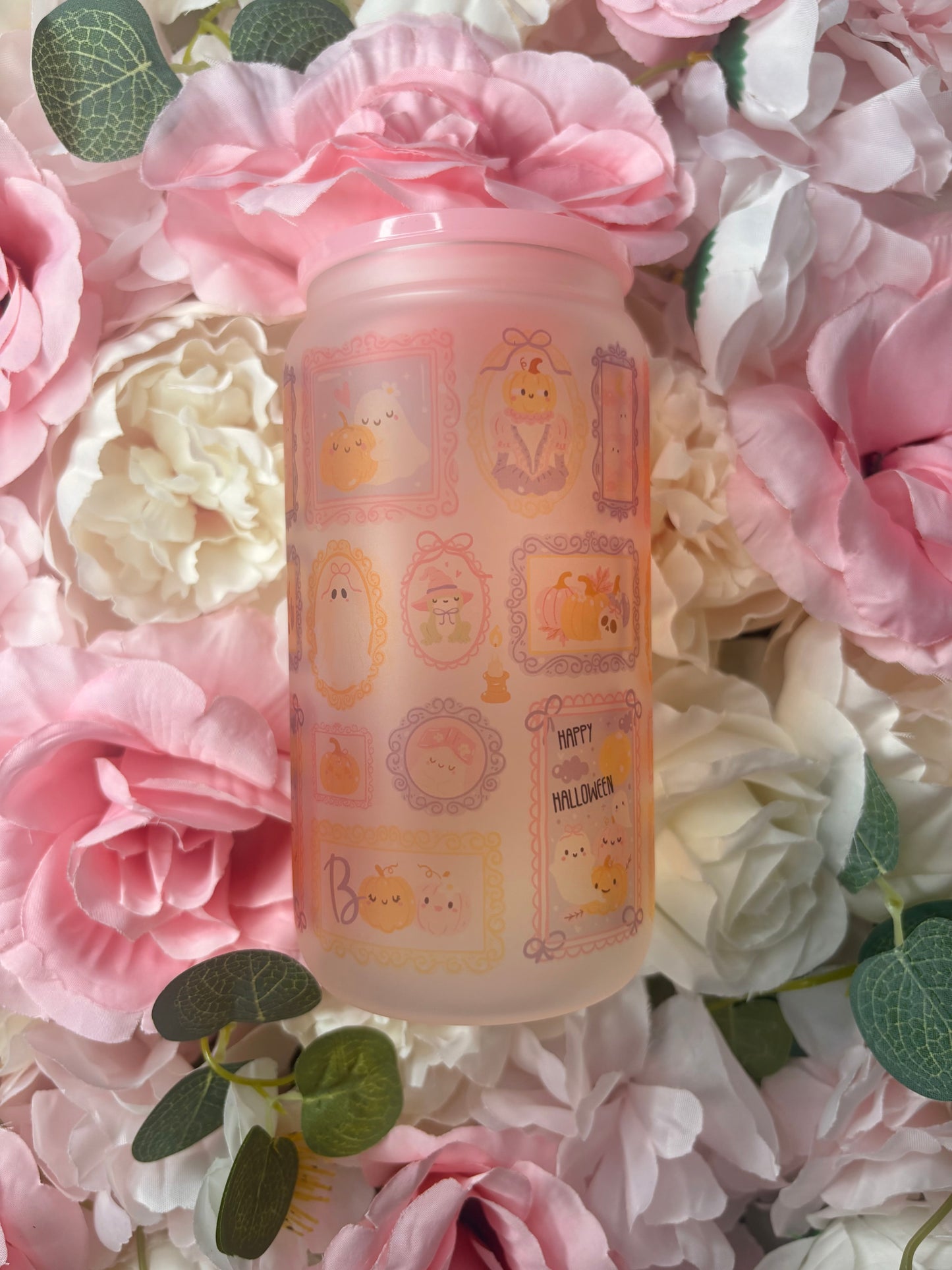 16 oz Frosted Glass | Halloween Ghost Frames