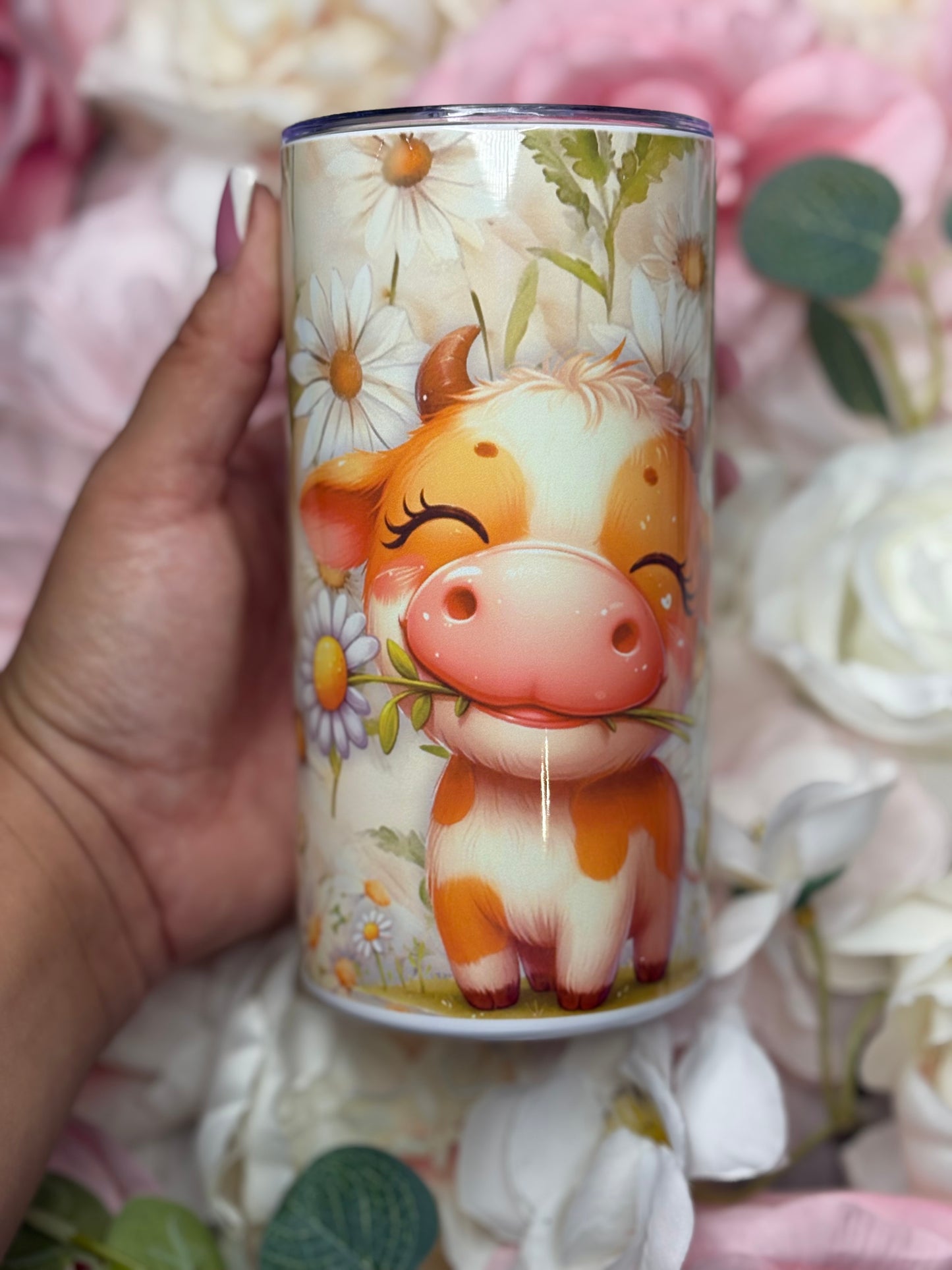 12 oz Skinny Tumbler | Cute Cow with Flowers
