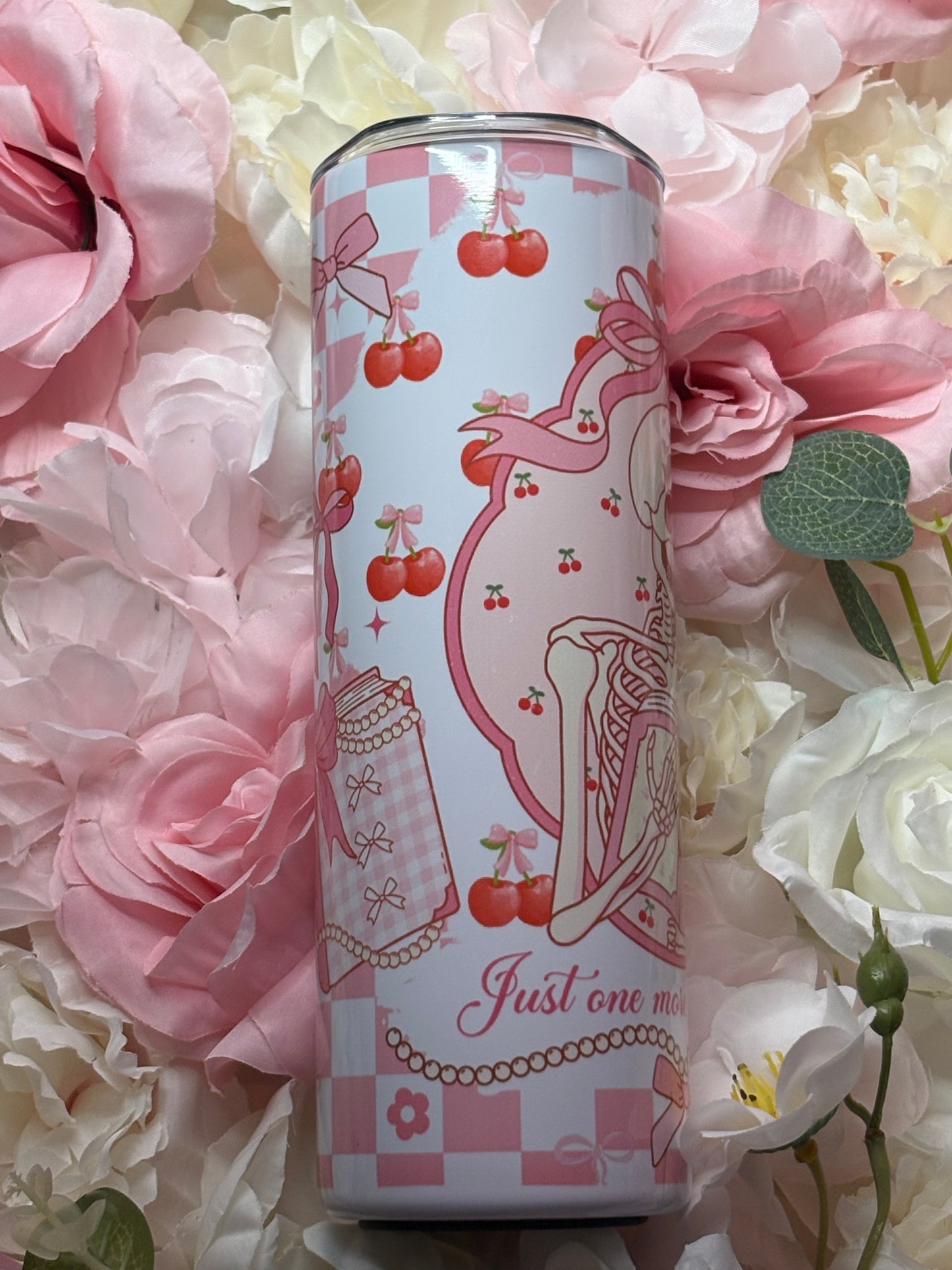 20 oz Skinny Tumbler | Pink and White | Coquette Skelton | Bookish