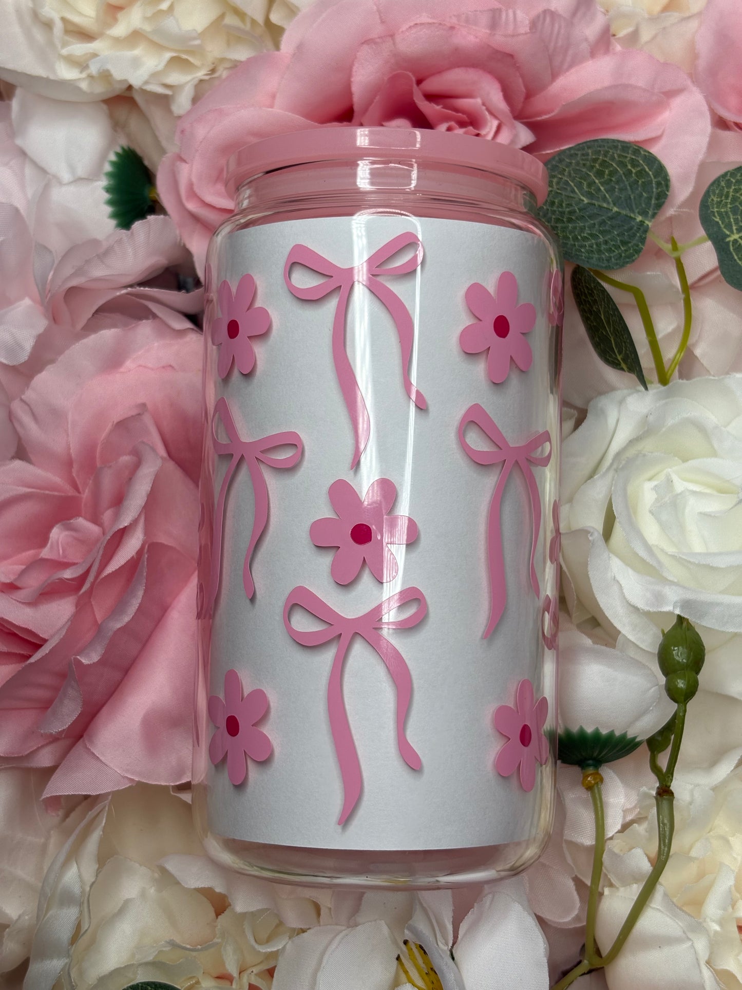 16 oz Glass Can | Pink | Bow with Flowers | Vinyl Design
