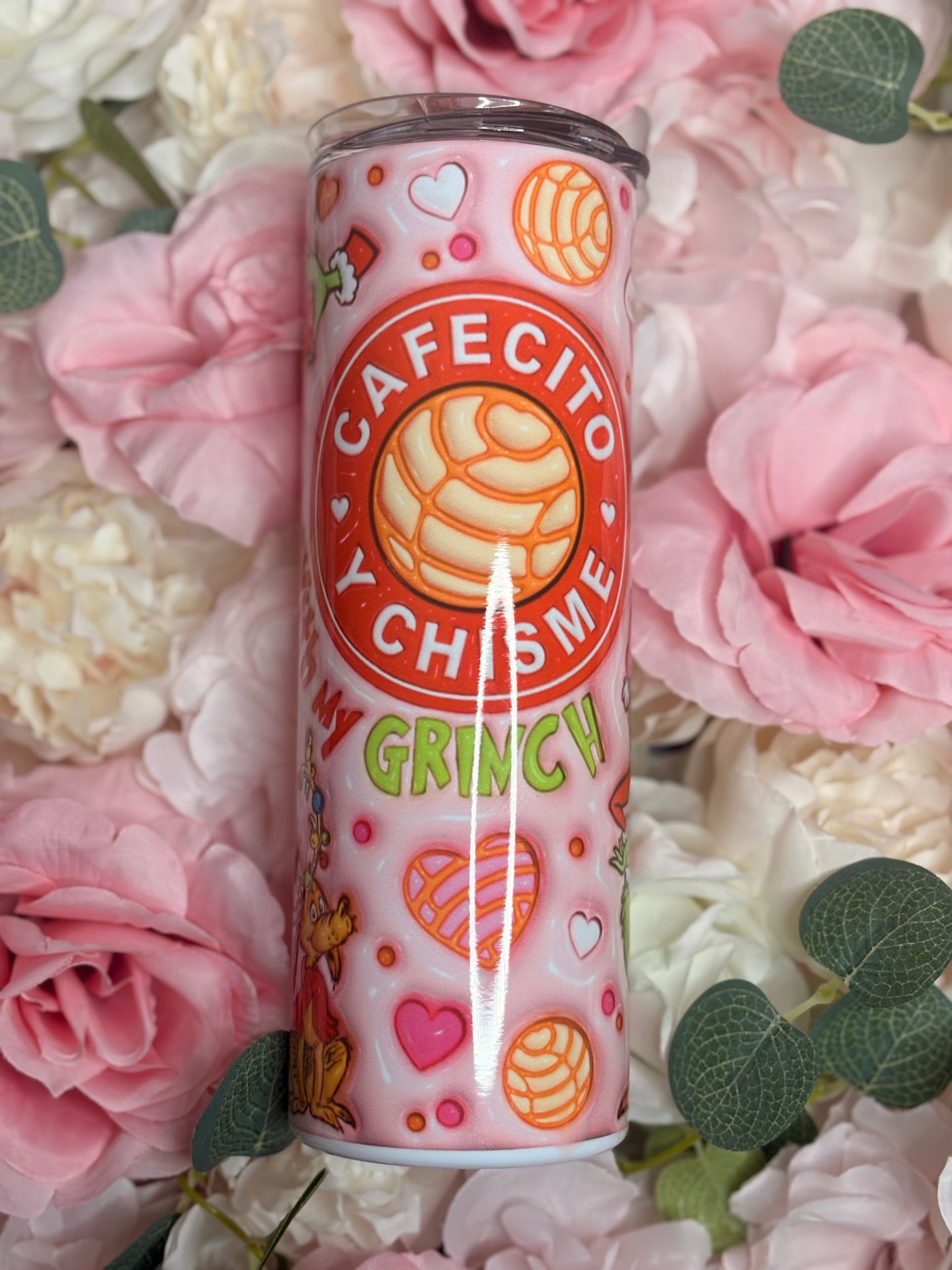 20 oz Skinny Tumbler | Cafecito y Chisme | Christmas Themed | Red | Pink |