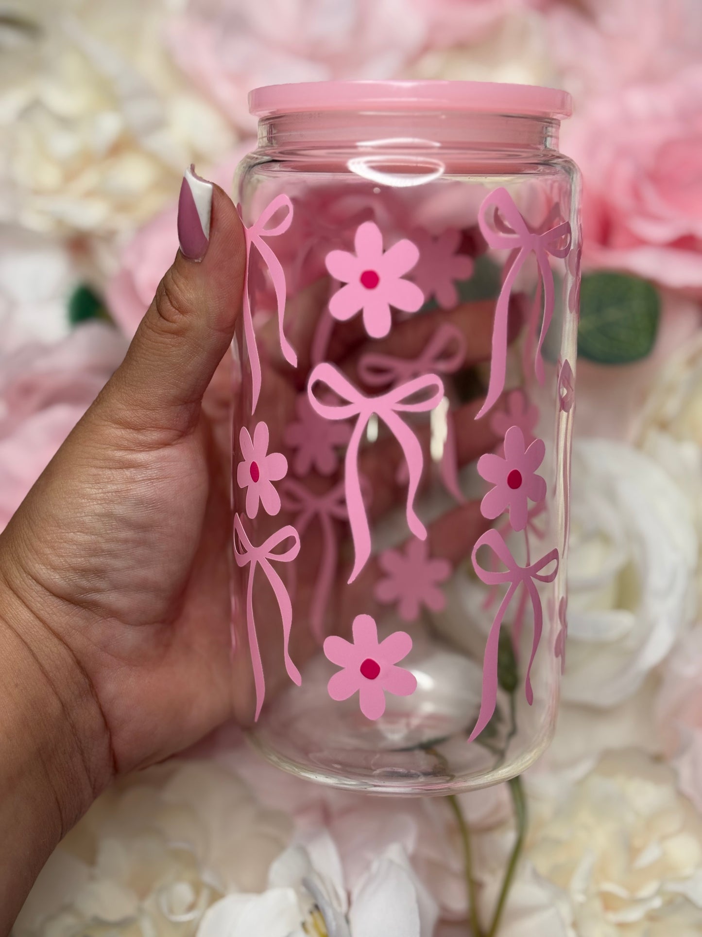 16 oz Glass Can | Pink | Bow with Flowers | Vinyl Design