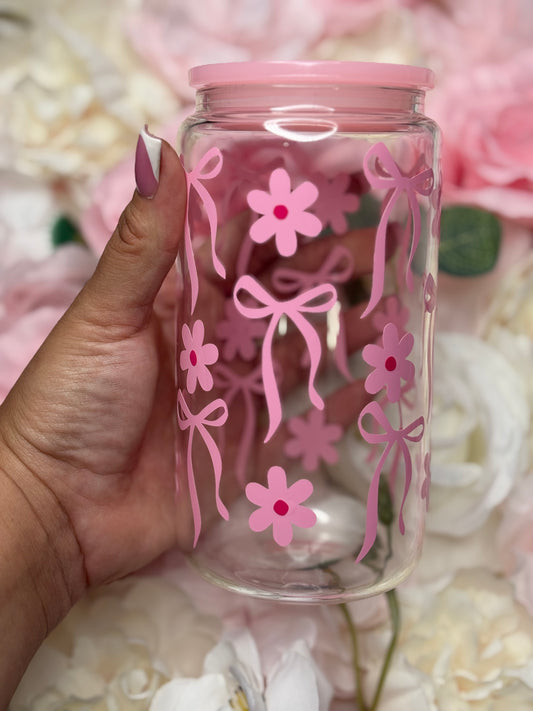 16 oz Glass Can | Pink | Bow with Flowers | Vinyl Design