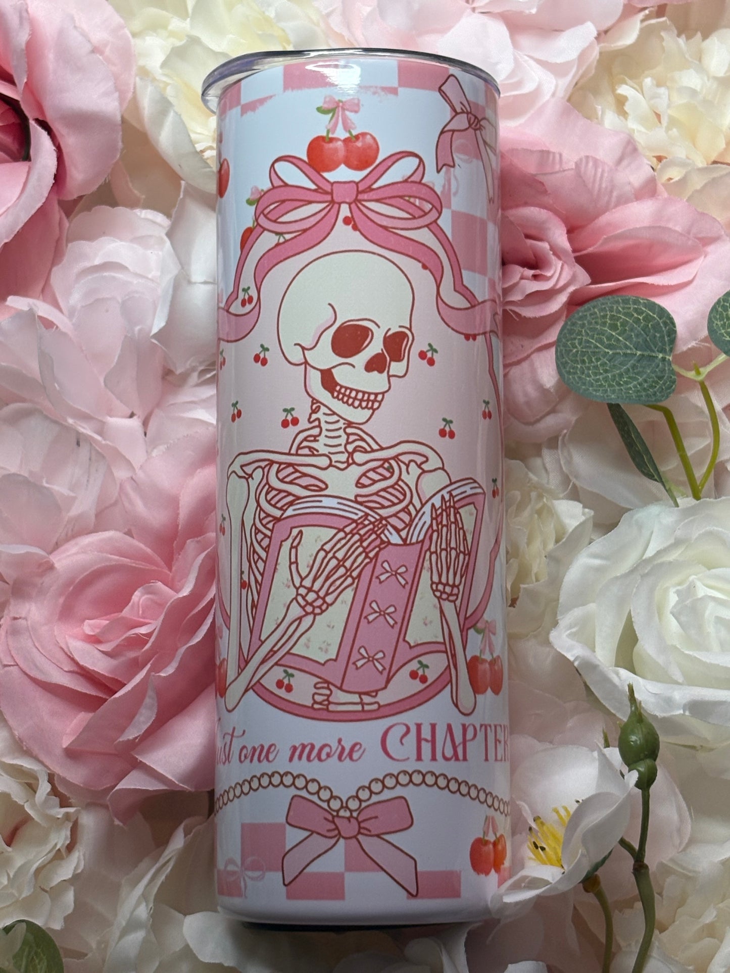 20 oz Skinny Tumbler | Pink and White | Coquette Skelton | Bookish