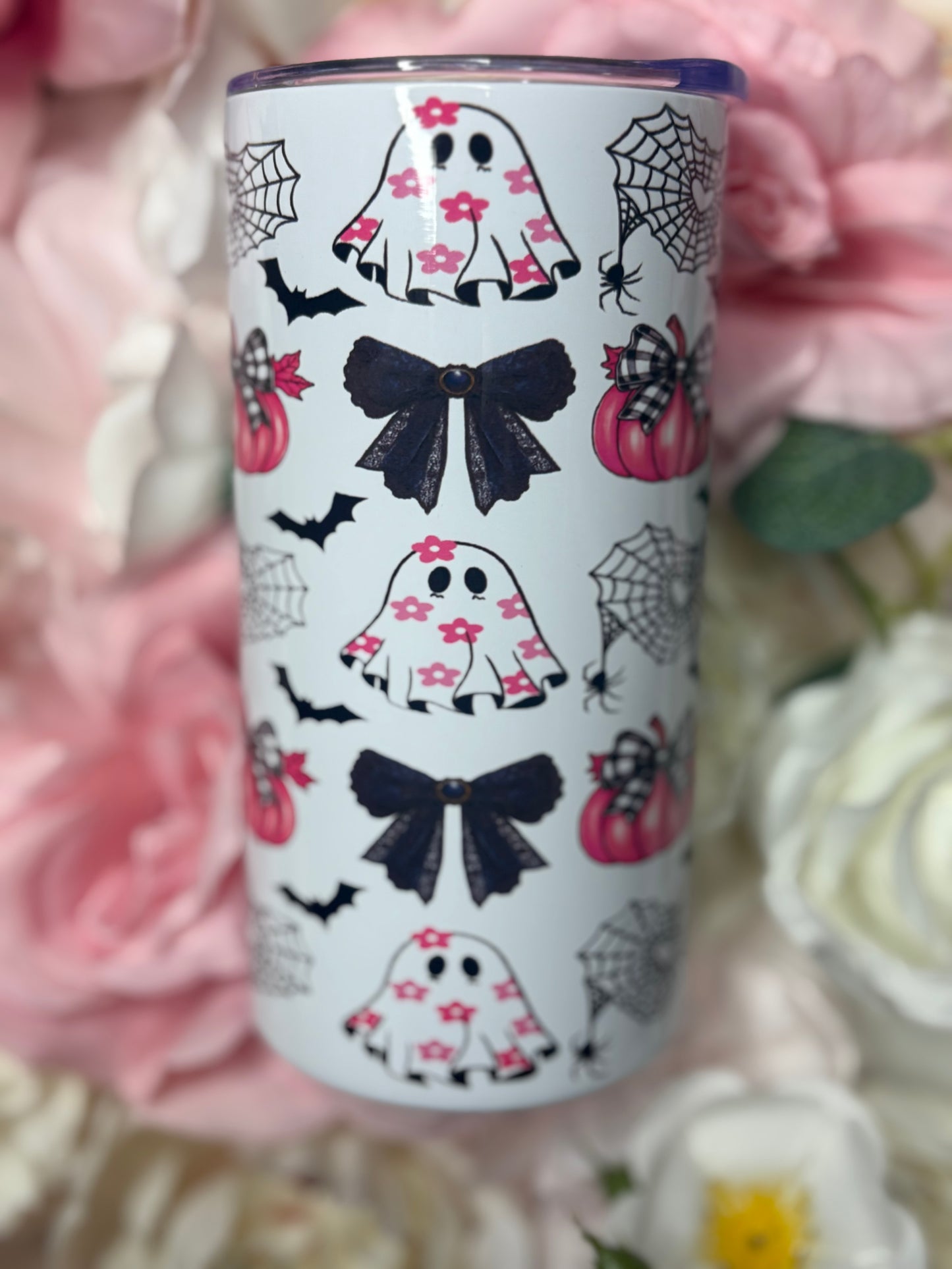 12 oz Skinny Tumbler | Pink and Black | Halloween Themed