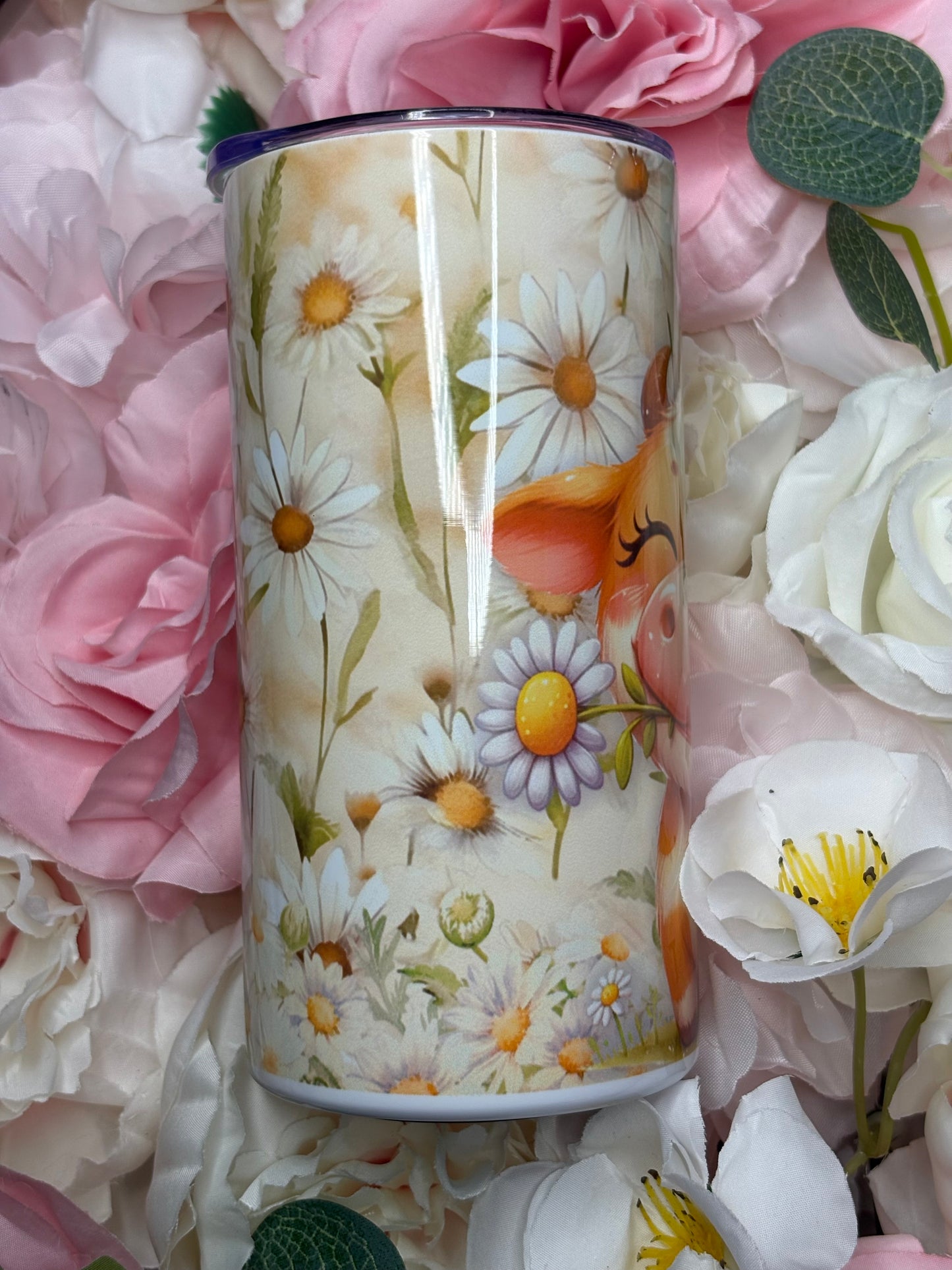 12 oz Skinny Tumbler | Cute Cow with Flowers