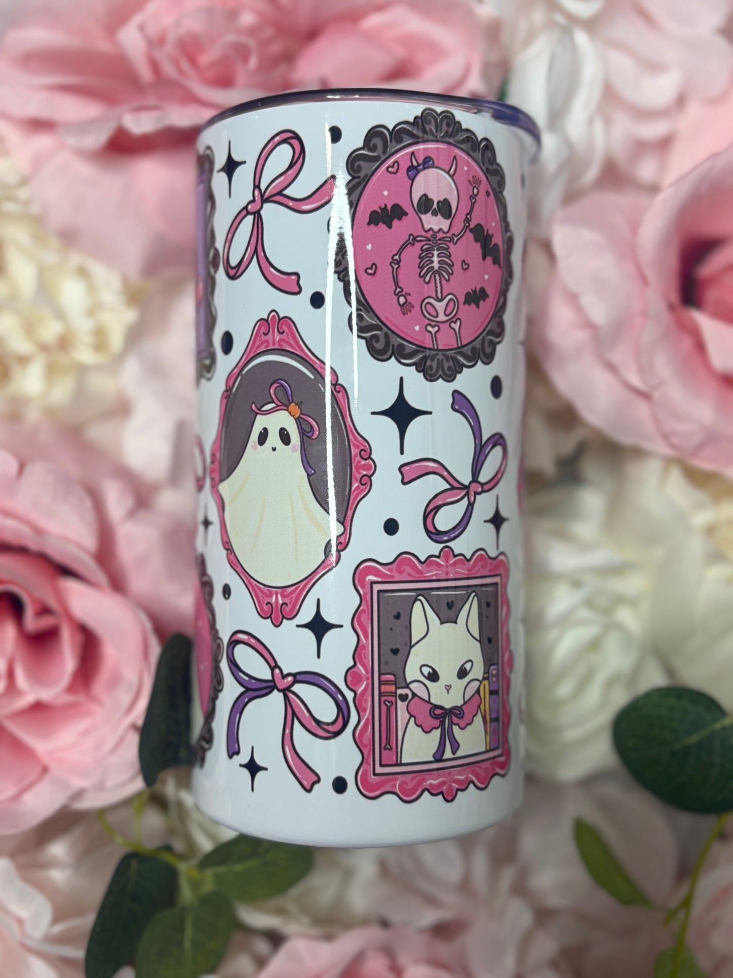 12 oz Mini Skinny Tumbler | Coquette Halloween Themed | Cute Ghost and Cat