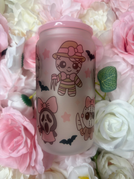 16 oz Frosted Glass Can | Coquette Halloween | Pink
