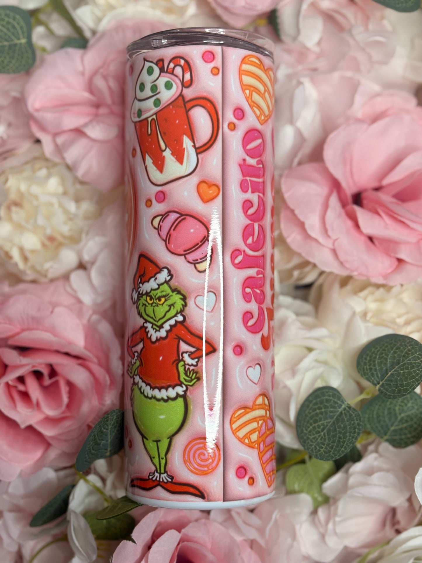 20 oz Skinny Tumbler | Cafecito y Chisme | Christmas Themed | Red | Pink |