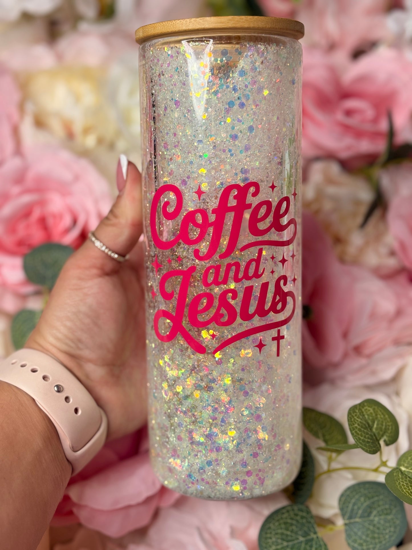 20 oz Snow Globe Tumbler | Glass | White Glitter | Pink Vinyl | Coffee and Jesus