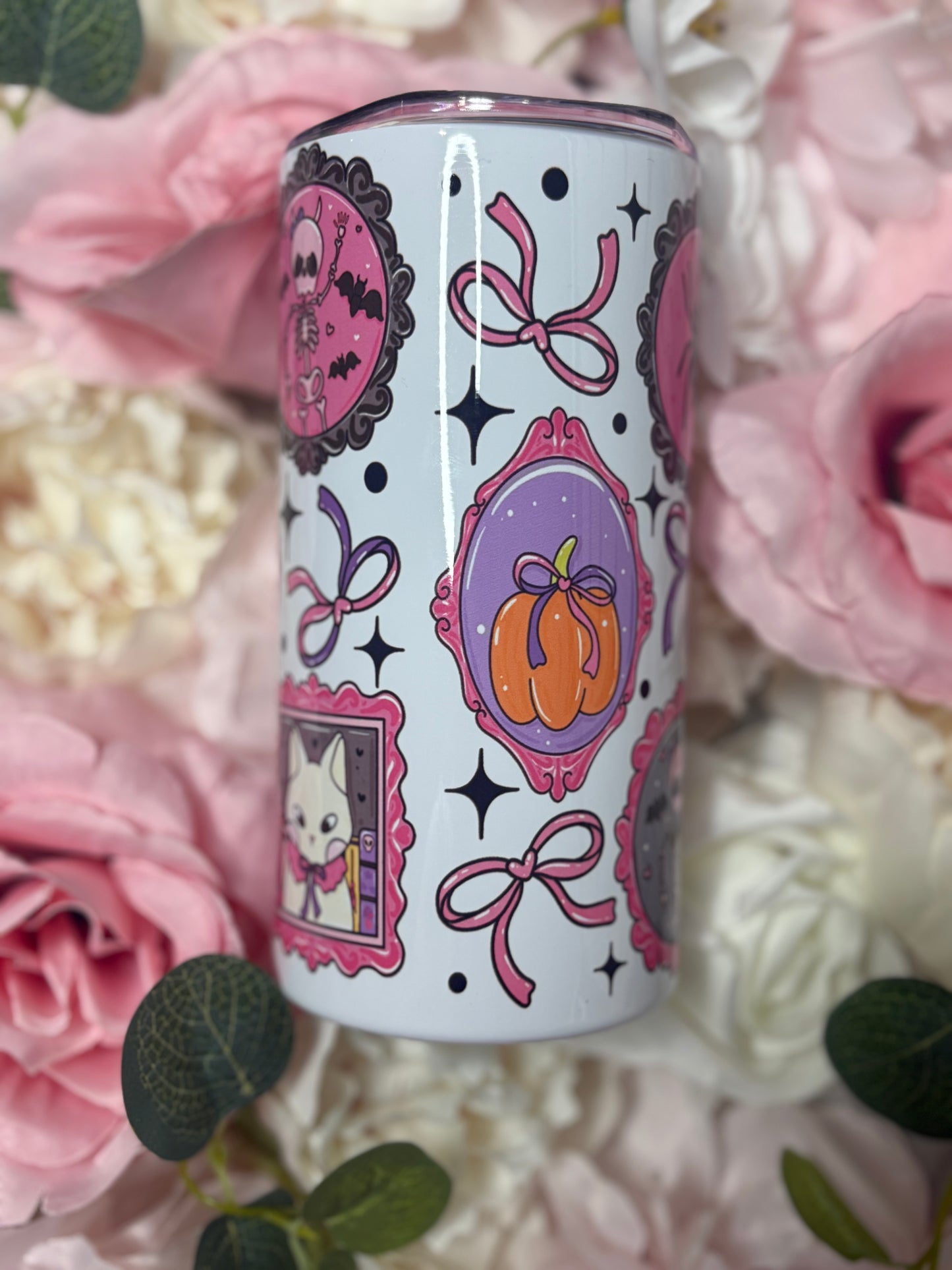 12 oz Mini Skinny Tumbler | Coquette Halloween Themed | Cute Ghost and Cat