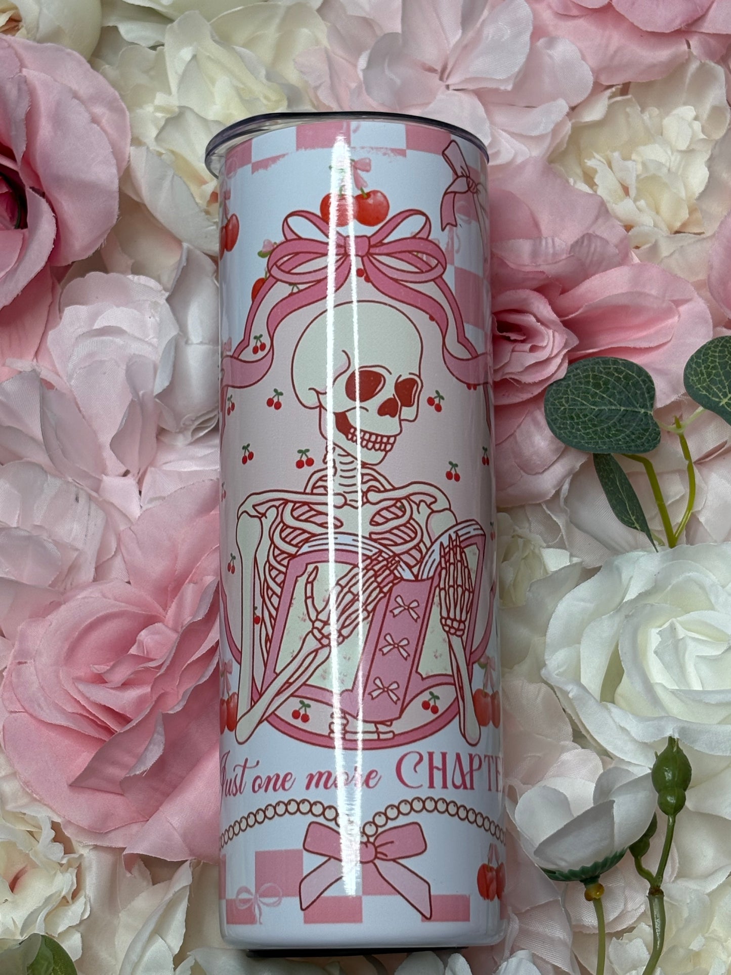 20 oz Skinny Tumbler | Pink and White | Coquette Skelton | Bookish