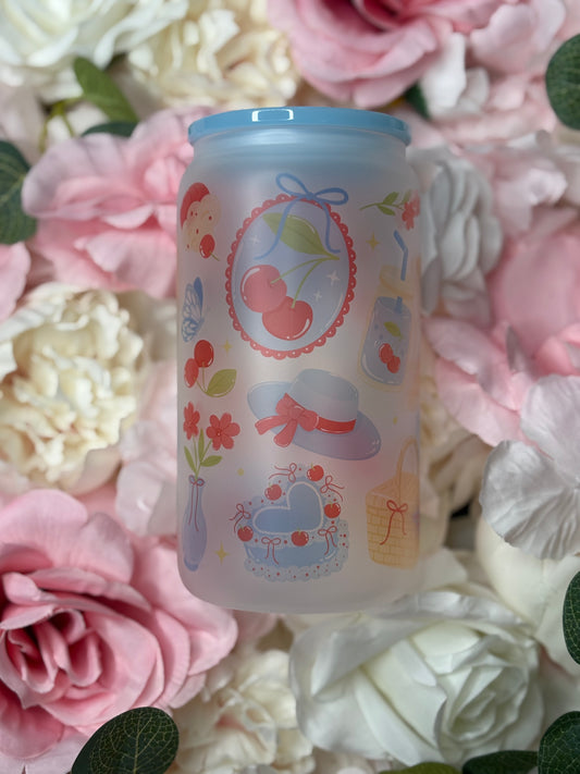 16 oz Frosted Glass Can | Coquette Themed with Cherry’s