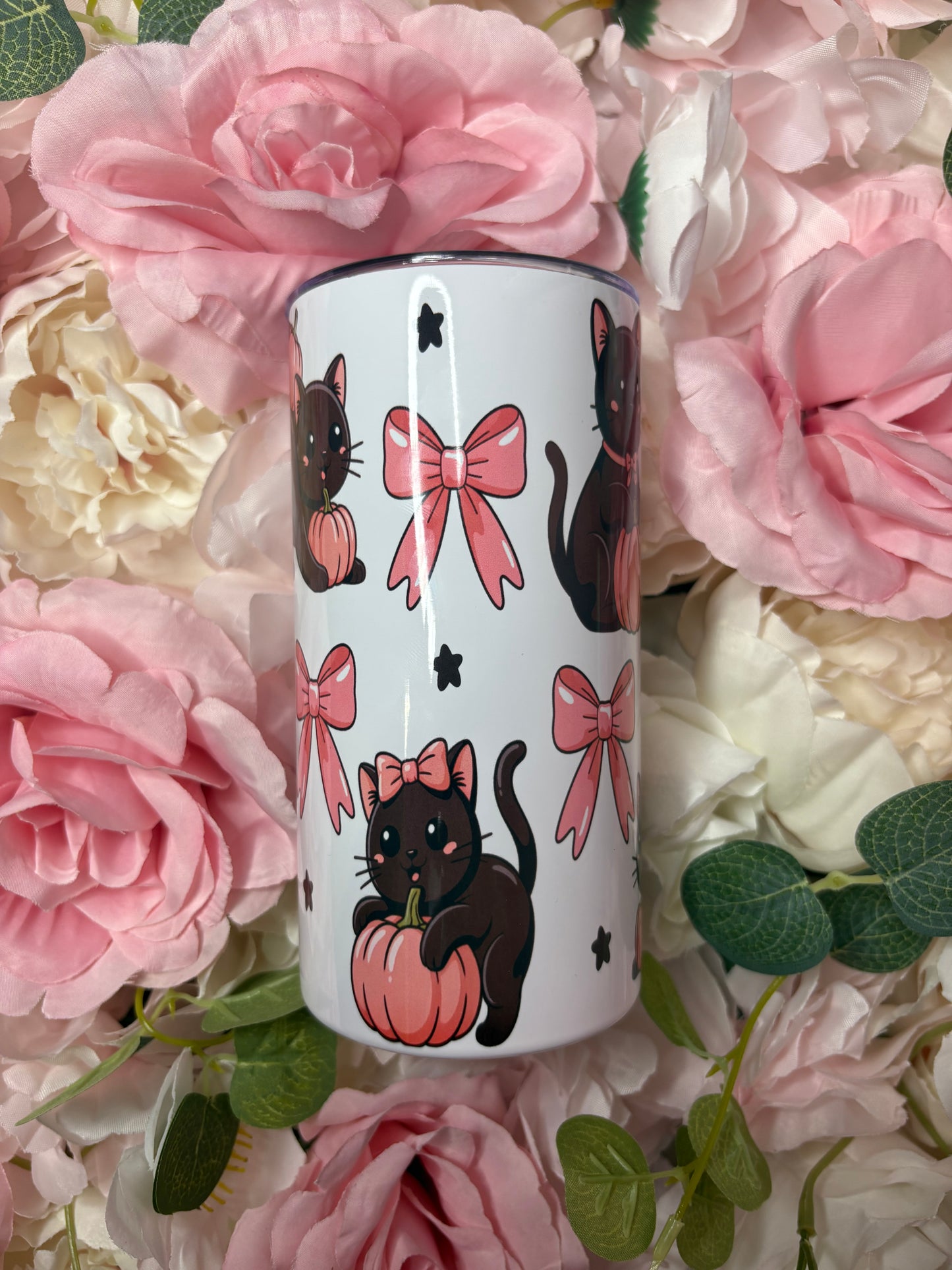 12 oz Mini Skinny Tumbler | Cocquette Black Cat And Pink Pumpkins