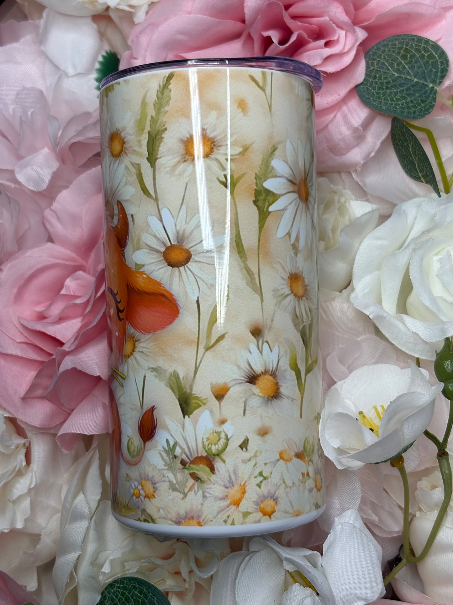 12 oz Skinny Tumbler | Cute Cow with Flowers