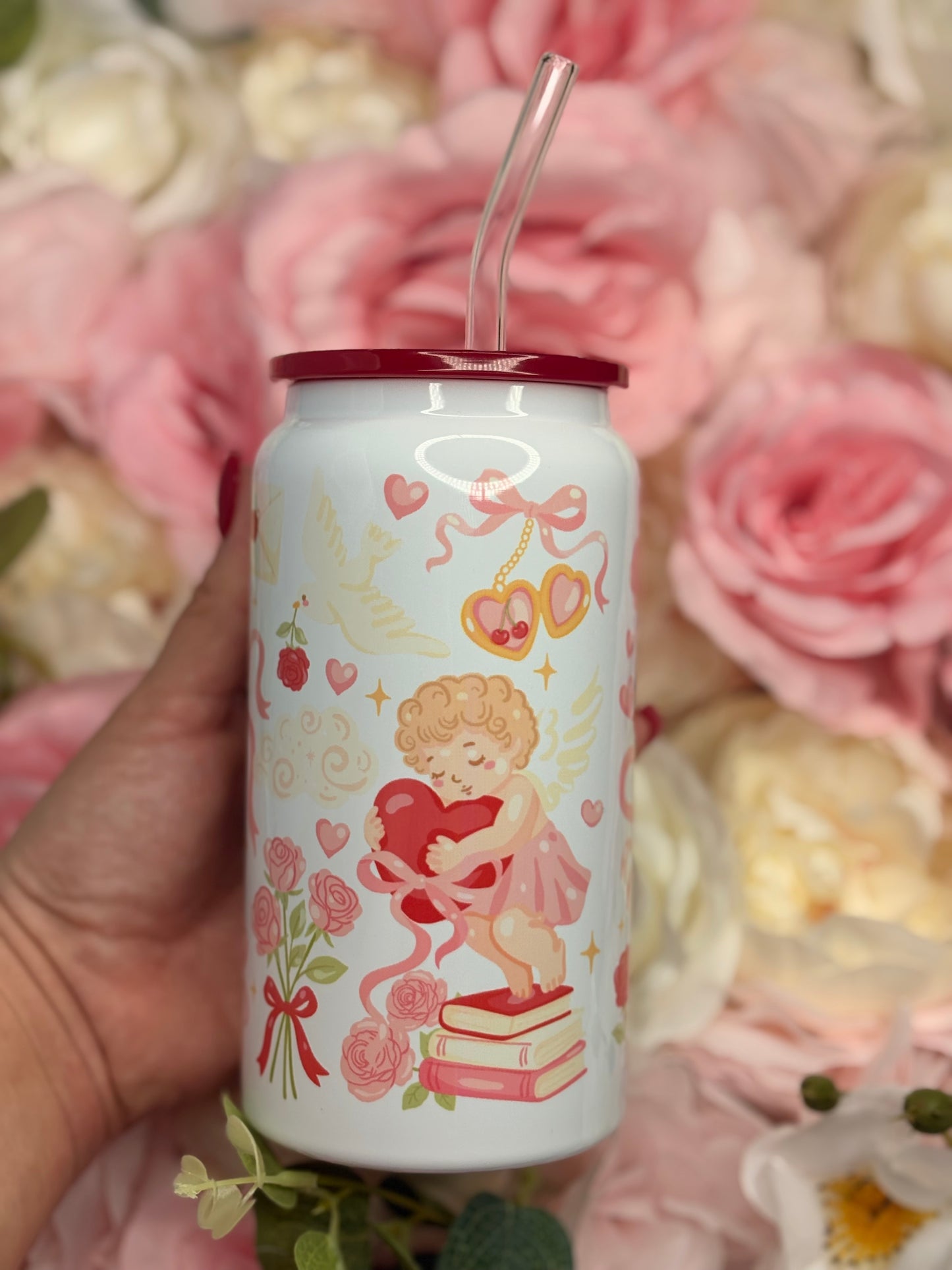 16 oz Stainless Steel Can | Cute Cupid W/ Bows | Red | Pink