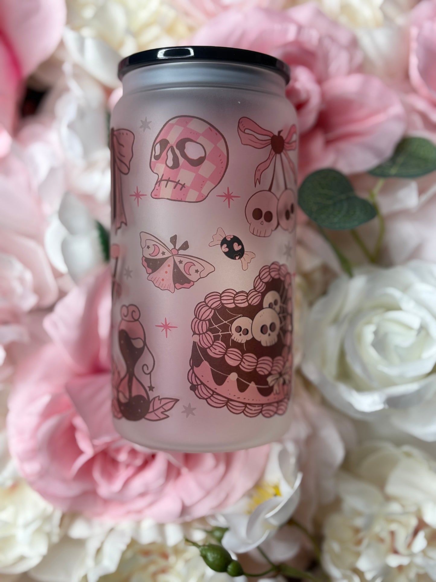 16 oz Frosted Glass Can | Pink and Black Aesthetic Vintage Halloween