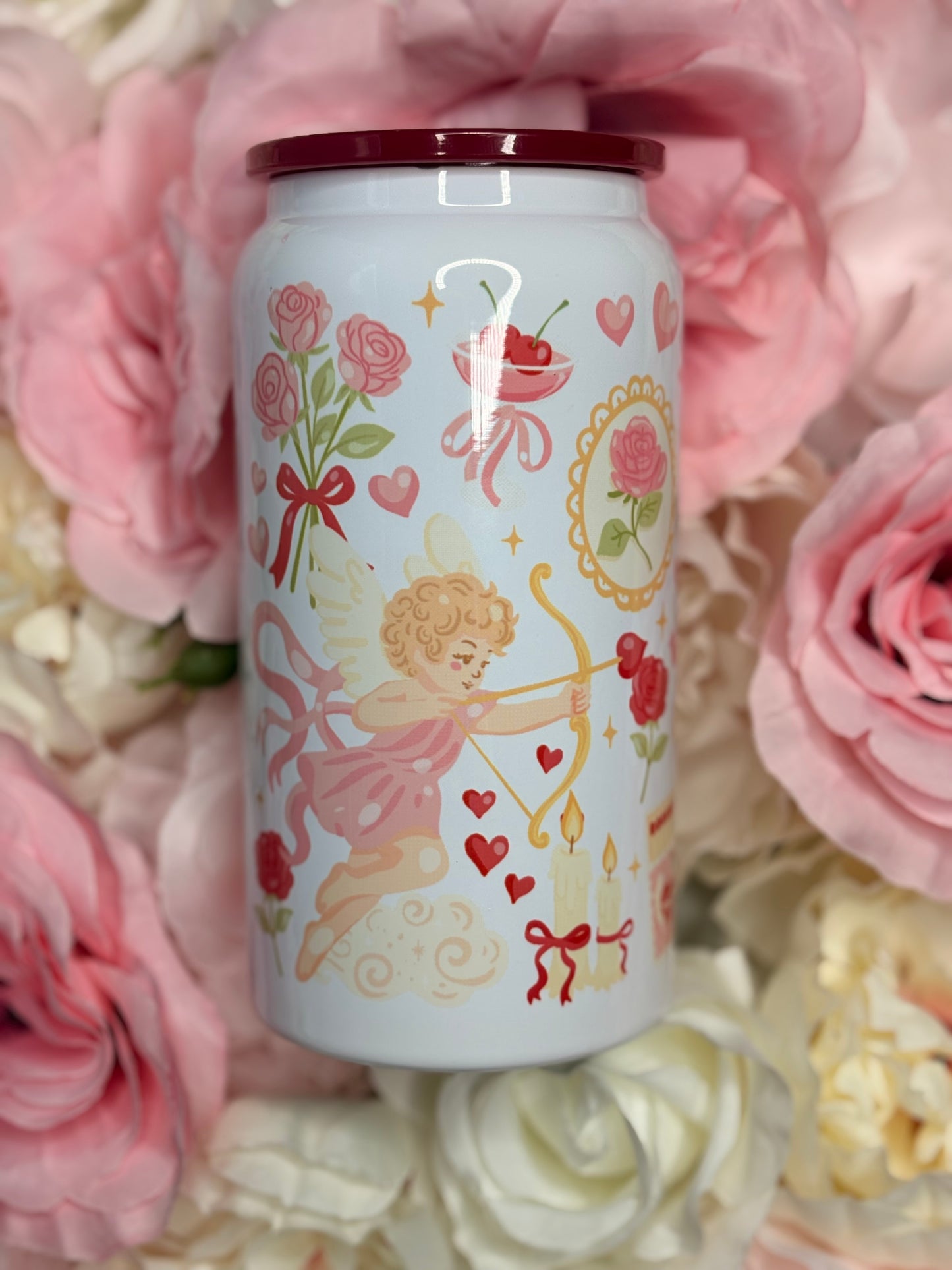 16 oz Stainless Steel Can | Cute Cupid W/ Bows | Red | Pink