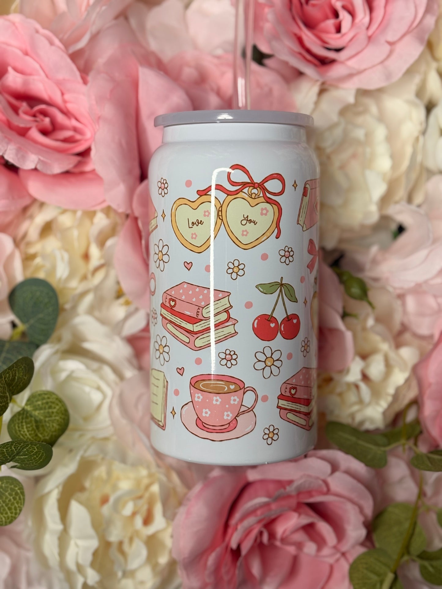 16 oz Stainless Steel Can | Bookish Girly | Cherry | Roses