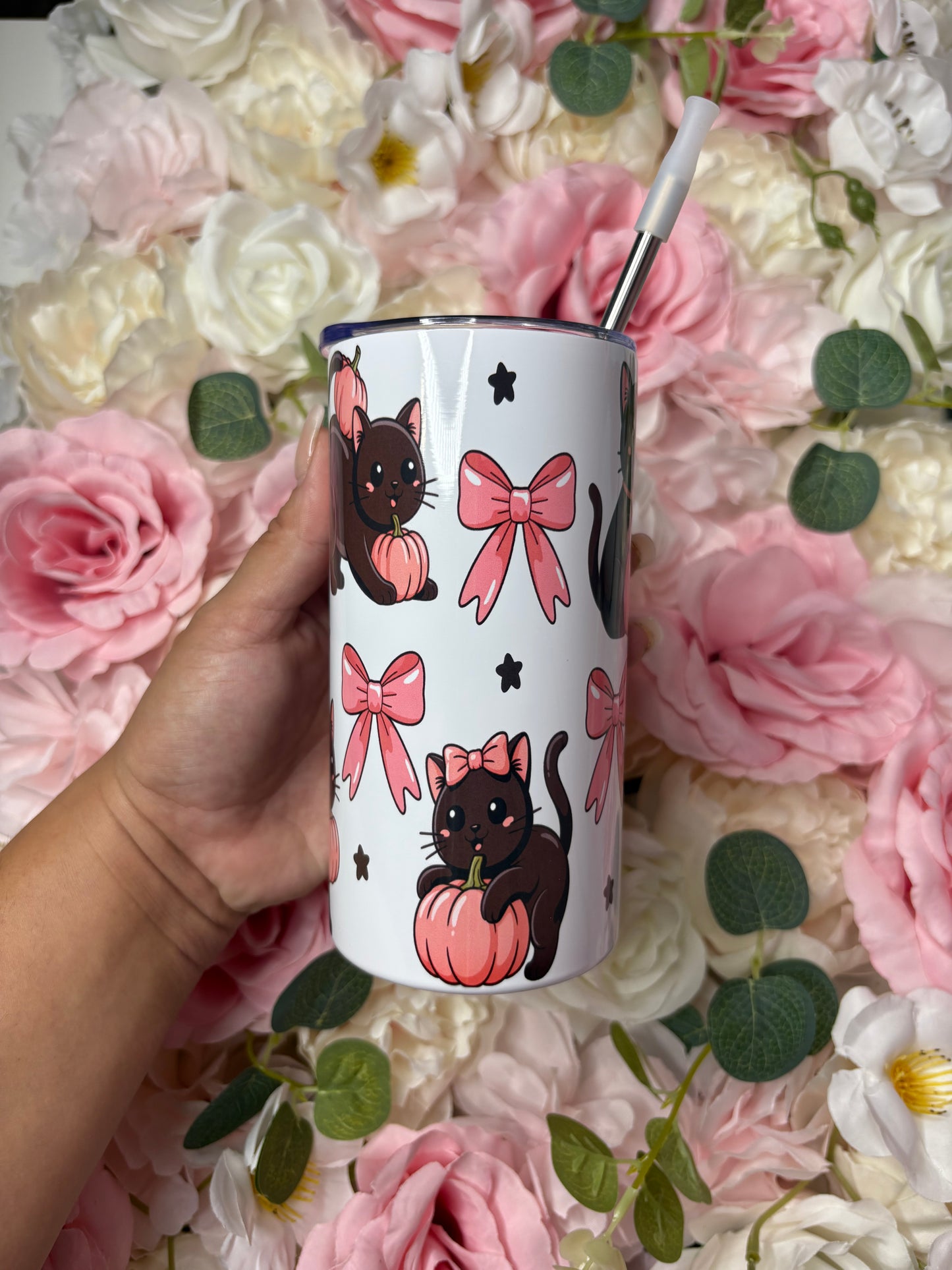 12 oz Mini Skinny Tumbler | Cocquette Black Cat And Pink Pumpkins
