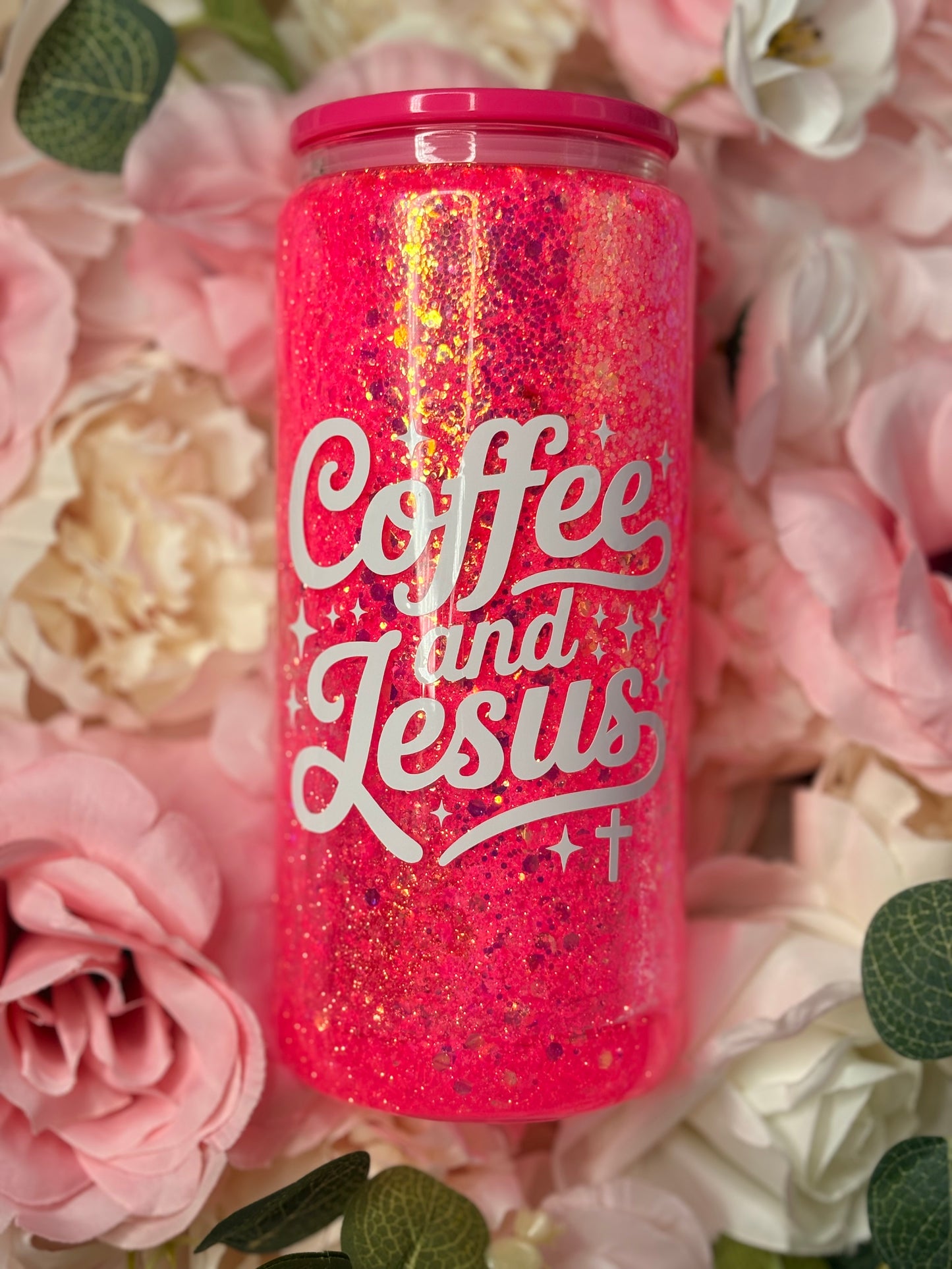 16 oz Snow Globe Glass Can | Coffee and Jesus | Pink | White Vinyl Designs