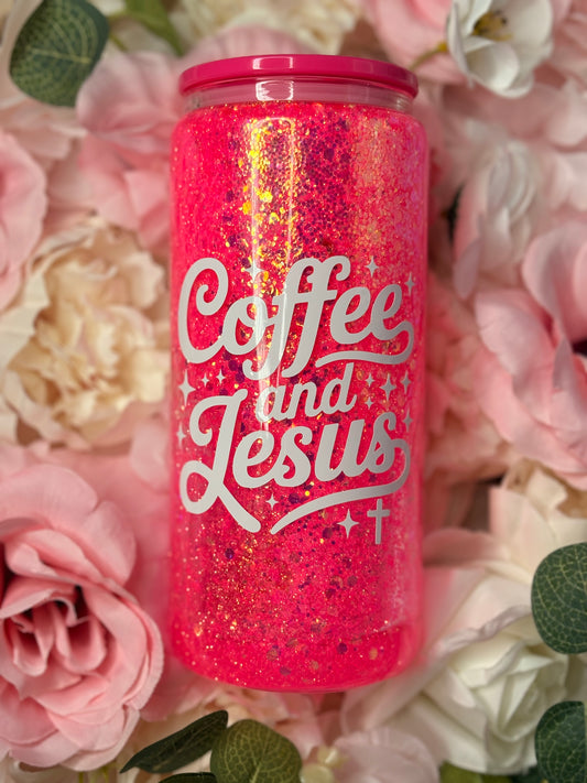 16 oz Snow Globe Glass Can | Coffee and Jesus | Pink | White Vinyl Designs