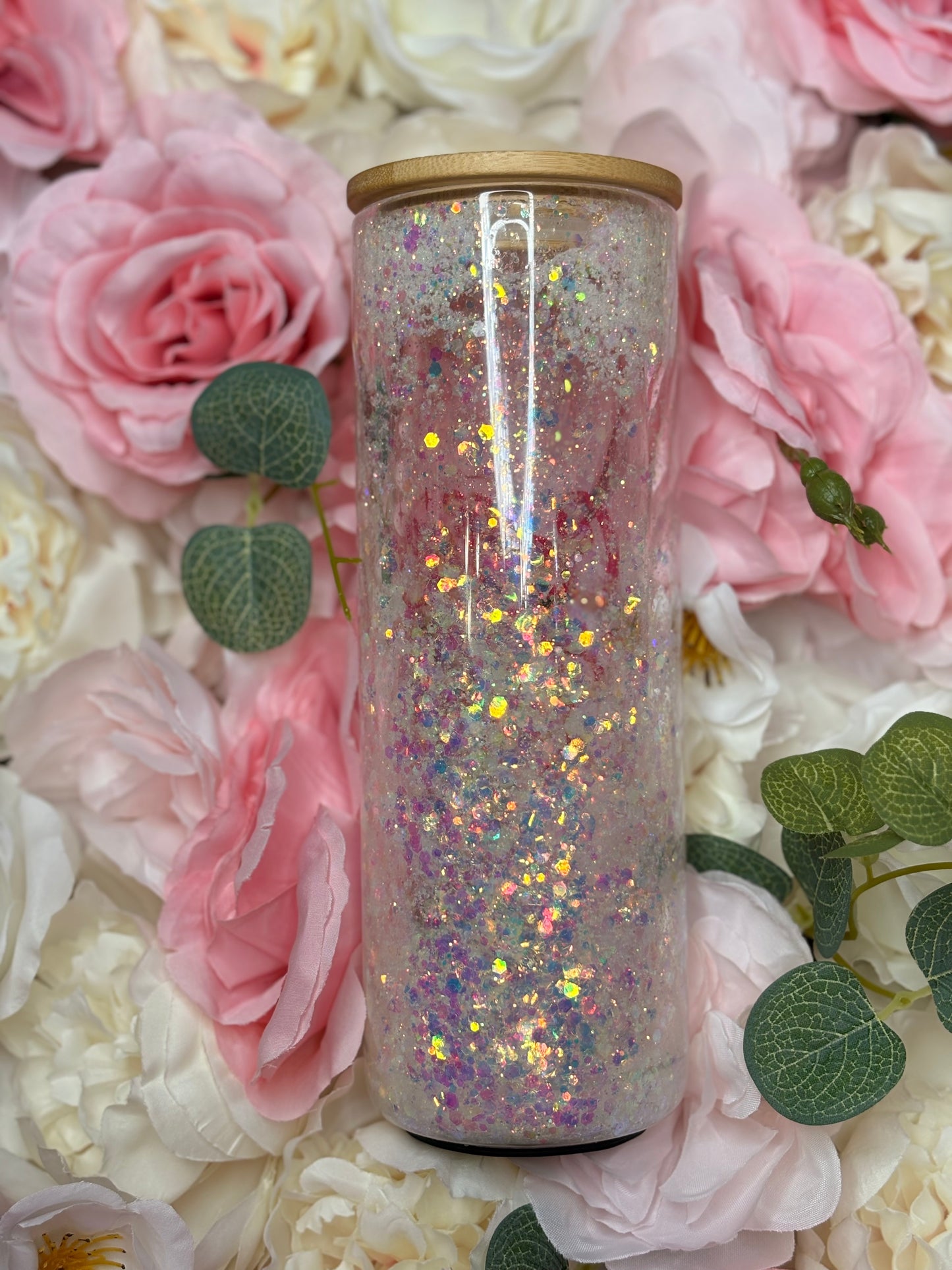 20 oz Snow Globe Tumbler | Glass | White Glitter | Pink Vinyl | Coffee and Jesus