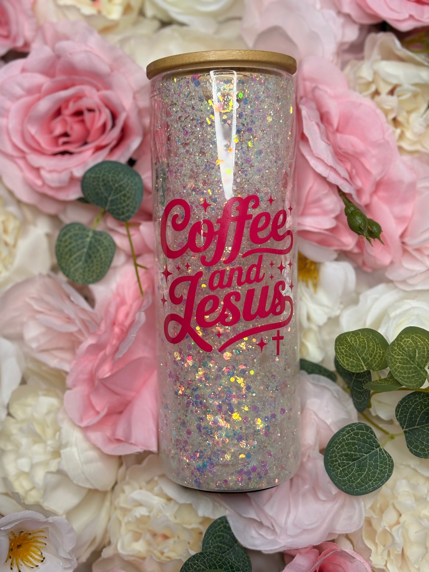 20 oz Snow Globe Tumbler | Glass | White Glitter | Pink Vinyl | Coffee and Jesus