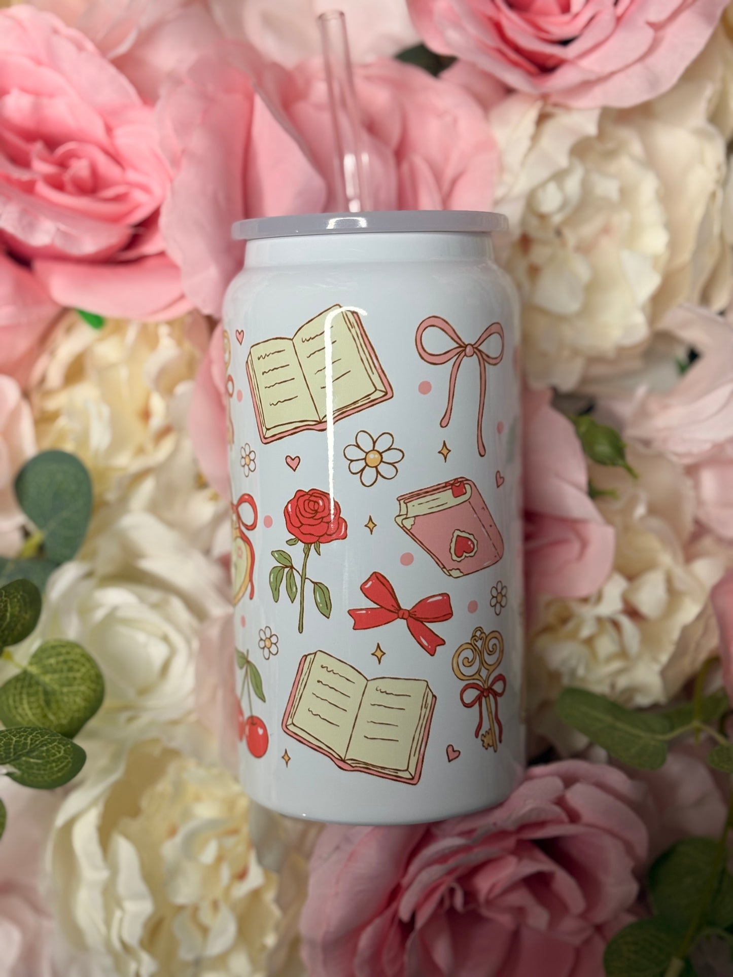 16 oz Stainless Steel Can | Bookish Girly | Cherry | Roses